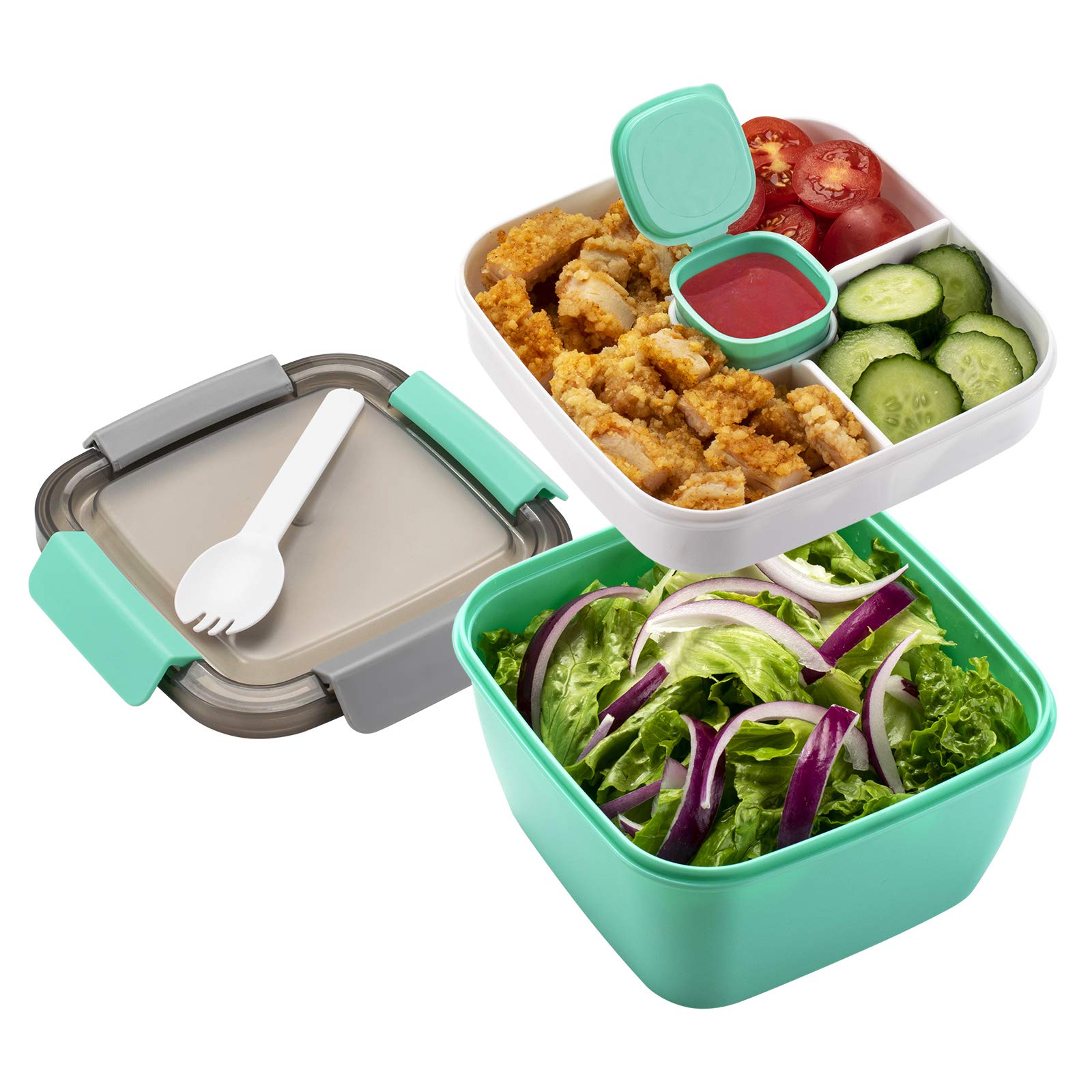 Freshmage Salad Lunch Container To Go, 52-oz Salad Bowls with 3 Compartments, Salad Dressings Container for Salad Toppings, Snacks, Men, Women (Blue)