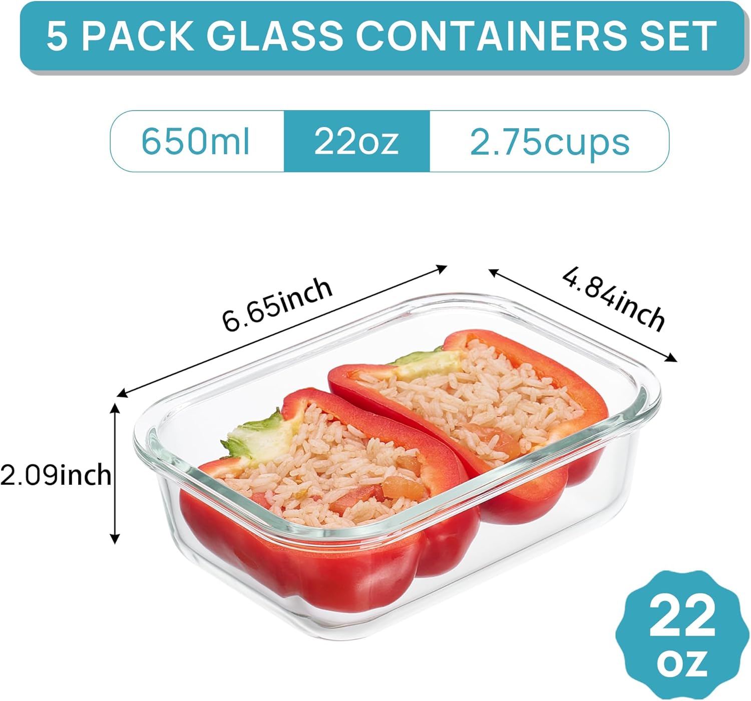 Vtopmart 5Pack 22oz Glass Storage Containers with Lids, Glass Meal Prep Food Container Sets with Snap Airtight Lids for Microwave, Oven, Freezer and Dishwasher, Grey