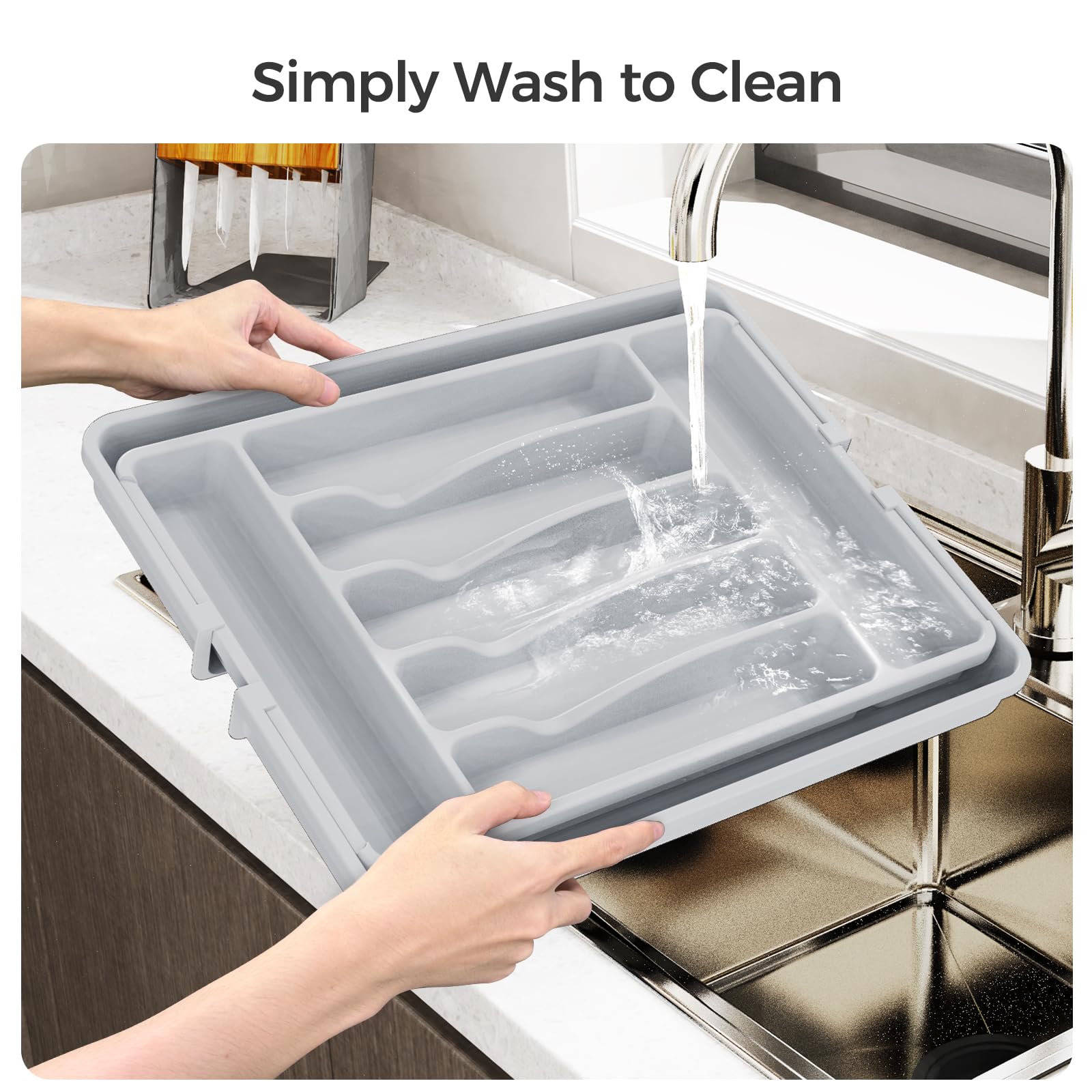 Extra Large Expandable Silverware Organizer, BPA-Free Food-Safe Cutlery Flatware Organizer, Kitchen Utensil Drawer Organizer, Adjustable Silverware Holder for Spoons Forks Knives, Black