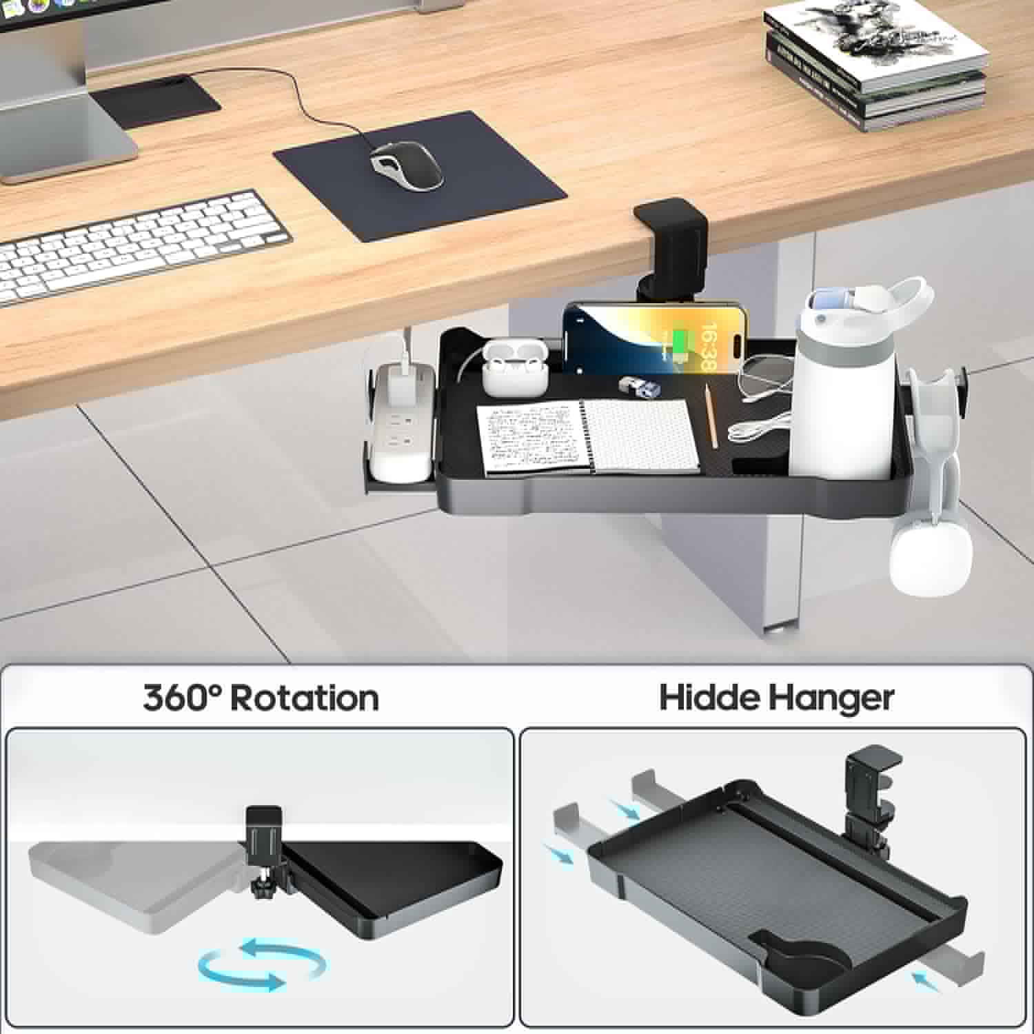 KDD Under Desk Organizer - 360° Rotating Clamp-On Tray with Headphone Hook, Phone & Tablet Holder, Cup Holder, and Cable Management - No Drilling Desk Storage Accessories for Office and Home