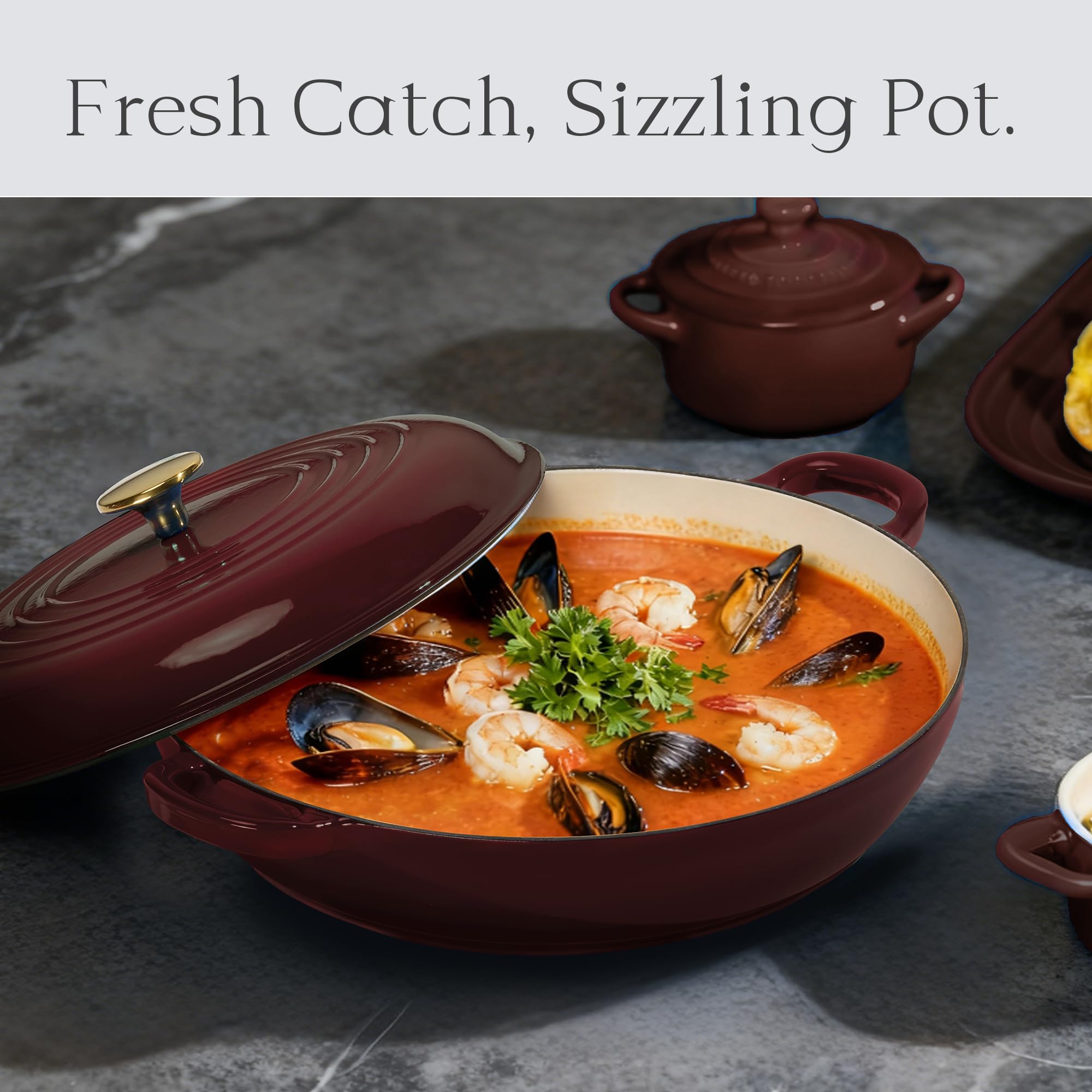 CAROTE 3.4QT Enameled Cast Iron Braiser Pan, Shallow Dutch Oven Casserole Skillets, Non-Toxic Cast Iron Pot with Lid for Grilling, Searing, Baking, Dual Handles, All Stovetop Compatible, White