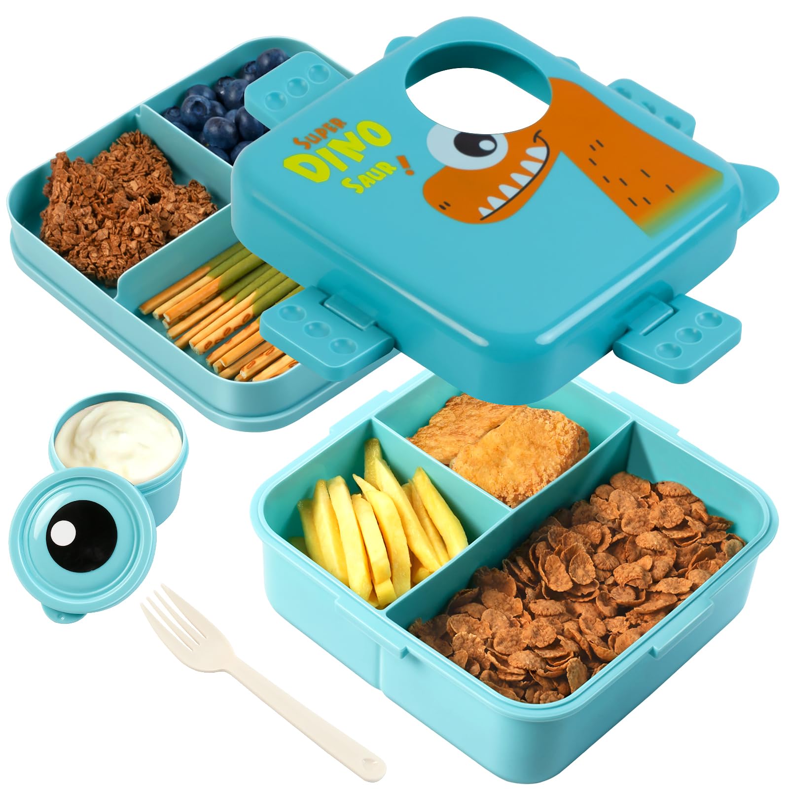 Freshmage Plastic Double-Layer Bento Box Container with 3 Compartments, Large Capacity Leakproof and BPA Free Bento Lunch Box, Durable,Drop-Proof, Dishwasher and Microwave Safe, Blue