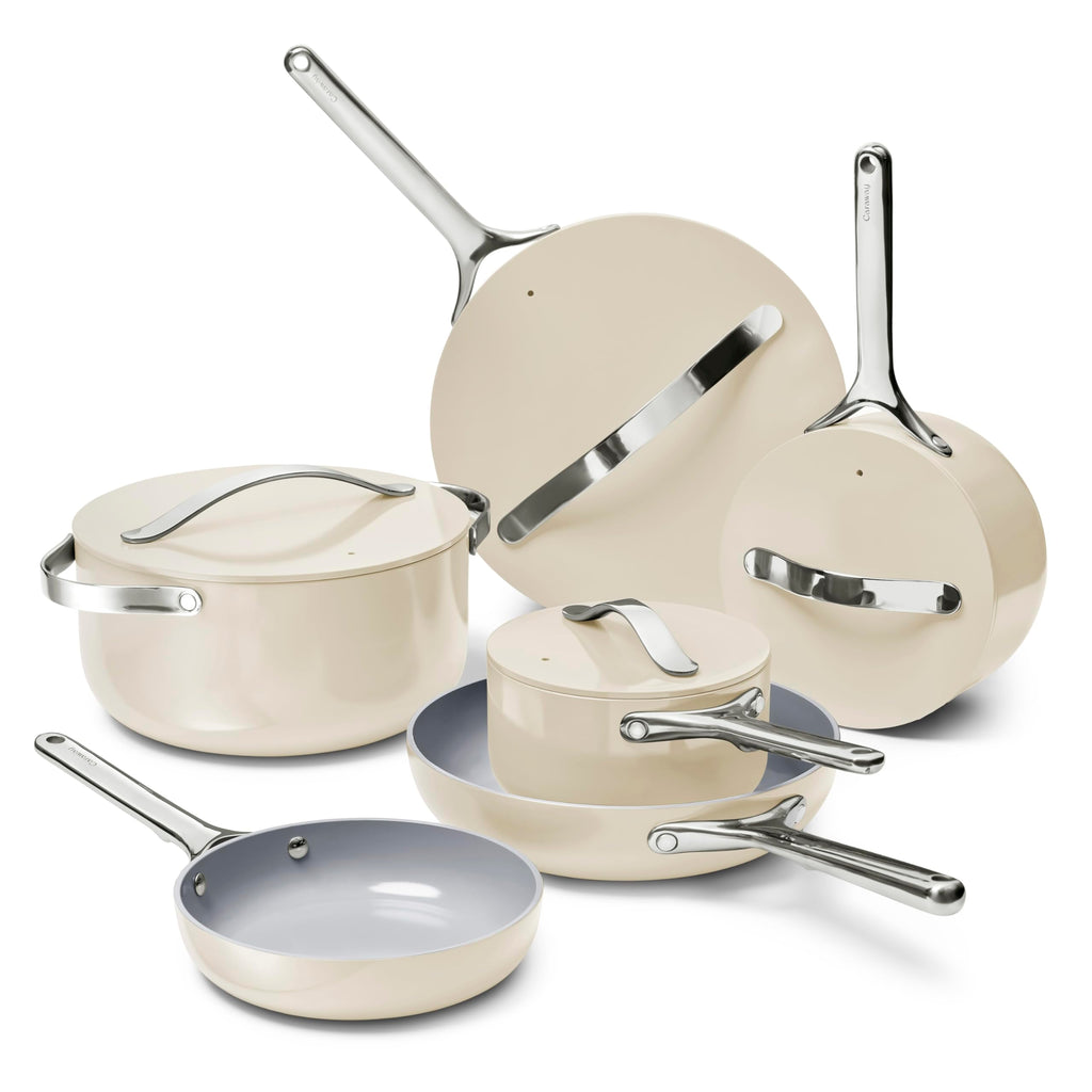 Caraway Non-stick Ceramic Cookware Set (12 Piece) Pots, Pans, Lids and Kitchen Storage - PFAS & PFOA Free - Oven Safe Pan Set & Compatible with All Stovetops - Cream