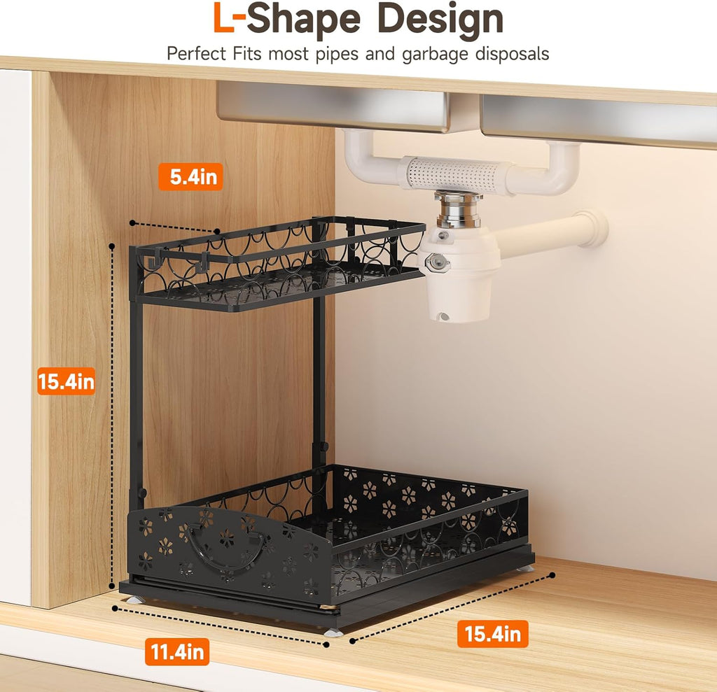 2 Packs Under Sink Organizer, High Adjustable 2 Tier Under Kitchen sink organizer, Multi-Purpose Storage Shelf for Kitchen Bathroom Cabinet, Black (Black02)