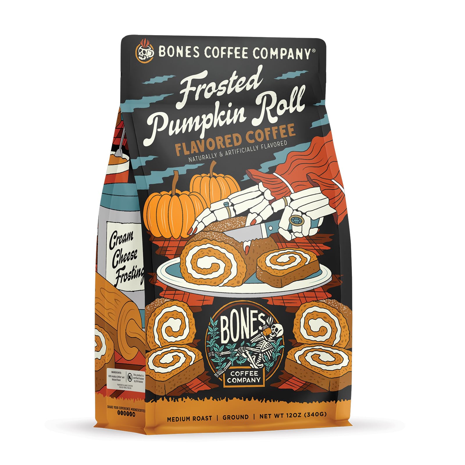 Bones Coffee Company Cinnamon Roll Flavored Coffee, Medium Roast Low Acid Arabica Beans Compatible with Auto drip and French Press Coffee Maker, 12 Oz Ground