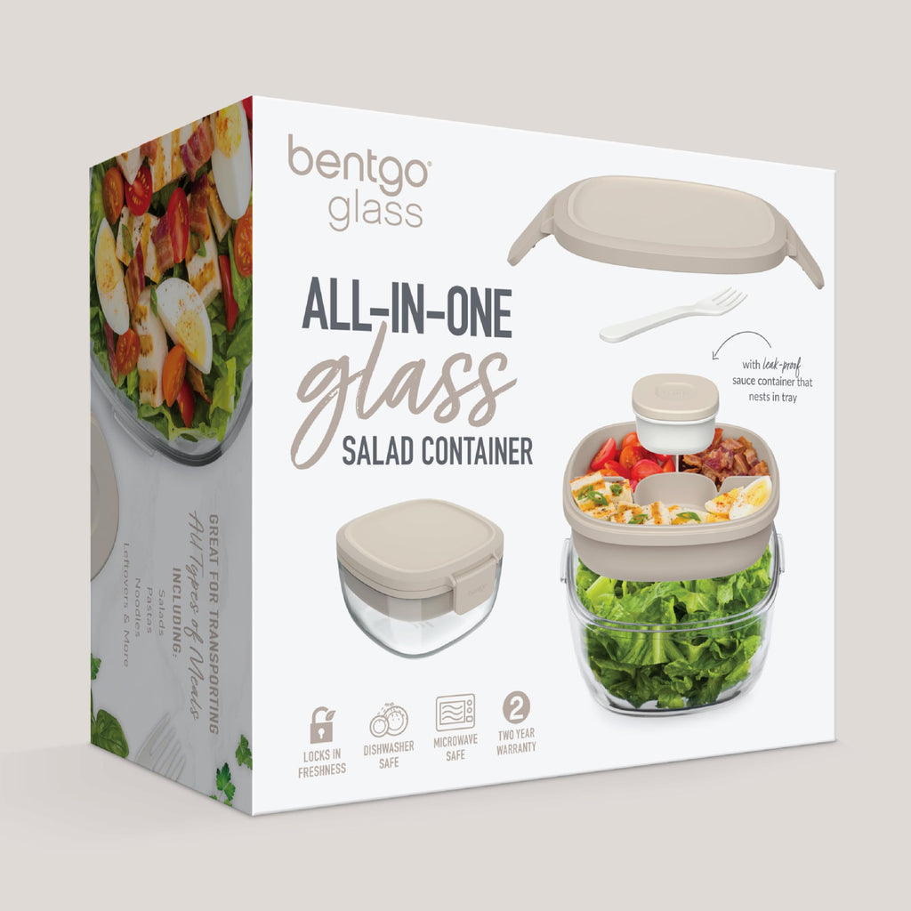 Bentgo Glass Salad Container - 7.6-Cup Salad Bowl with Airtight Lid, Leak-Proof Sauce Container, 4-Compartment Bento Tray & Reusable Fork - BPA-Free for Meal Prep, Office & More (Lavender)