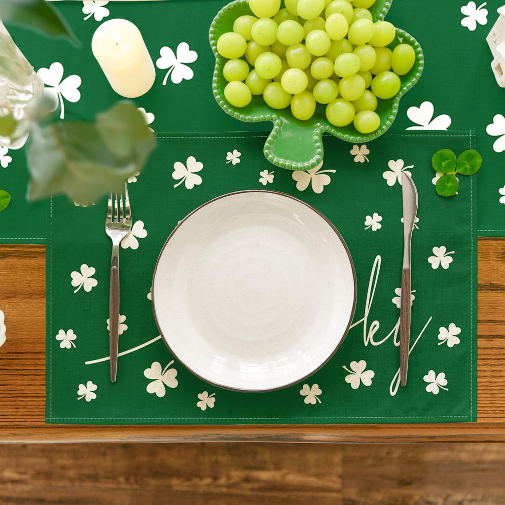 Artoid Mode Green Lucky Shamrock St. Patrick's Day Placemats Set of 4, 12x18 Inch Seasonal Spring Table Mats for Party Kitchen Dining Decoration