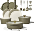 Carote 21pcs Ceramic Cookware Set with Detachable Handles, Pots and Pans Set Non Stick, RV Kitchen Cooking Pot and Pan, Dishwasher Safe, Non-toxic Induction Cookware PFAS and PFOA Free, Olive Green