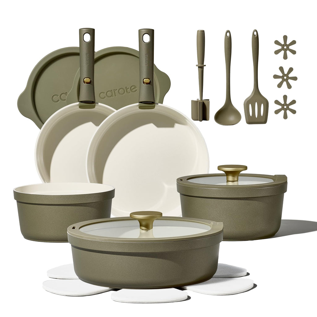 Carote 20pcs Ceramic Cookware Set with Detachable Handles, Pots and Pans Set Non Stick, RV Kitchen Cooking Pot and Pan, Dishwasher Safe, Non-toxic Induction Cookware PFAS and PFOA Free, Grey