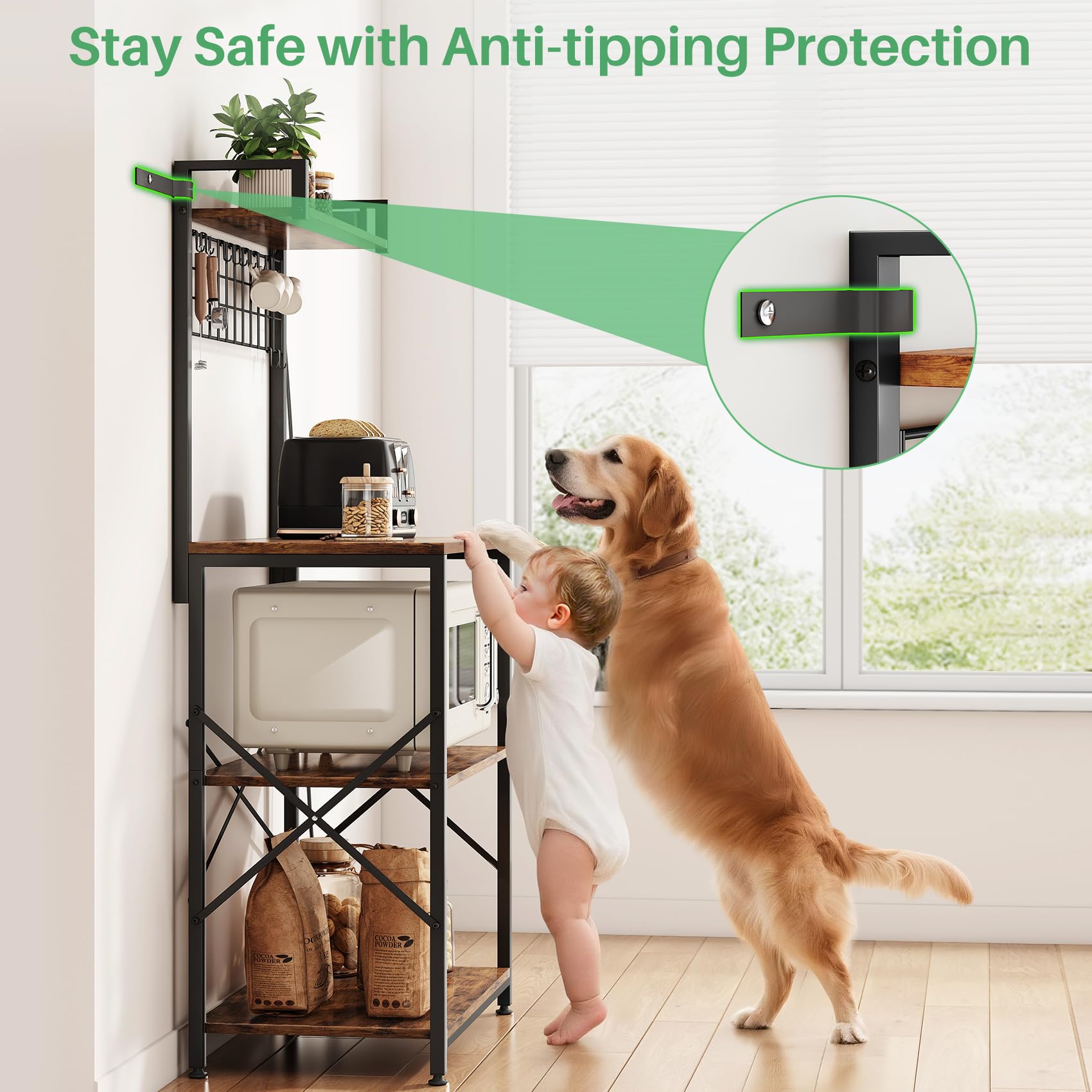 SNTD Bakers Rack with Power Outlet, Kitchen Shelves Microwave Stand with Wire Grid and 10 Hooks, 4 Tiers Coffee Stand (Rustic Brown, 23.5 x 15.6 x 52.8 Inches)