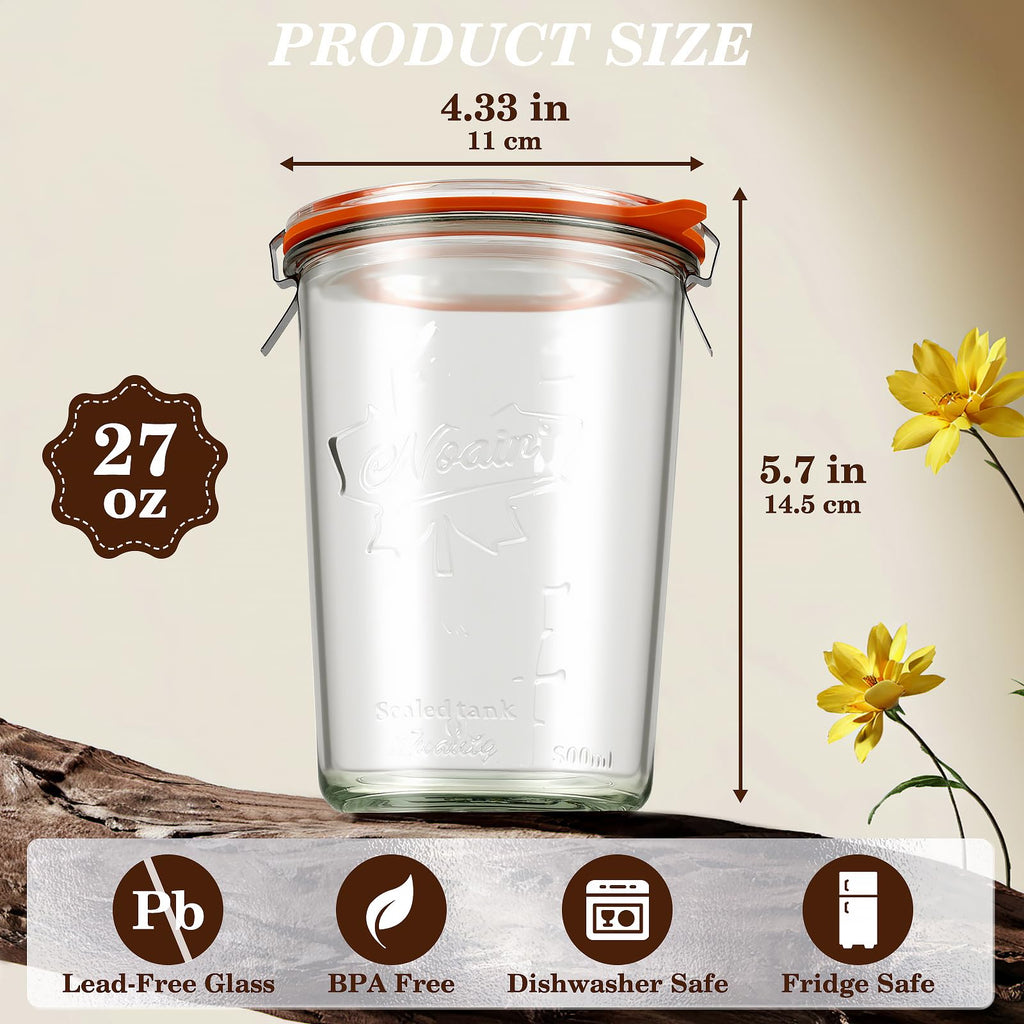 Freshmage Canning Jars 27 oz 2 Pack, Sourdough Starter Jars with 2 Lids Per Jar (Glass Sealing Lid & Plastic Lid), 800ML Wide Mouth Airtight Glass Storage Containers for Pickles, Yogurt, Pasta, Cereal
