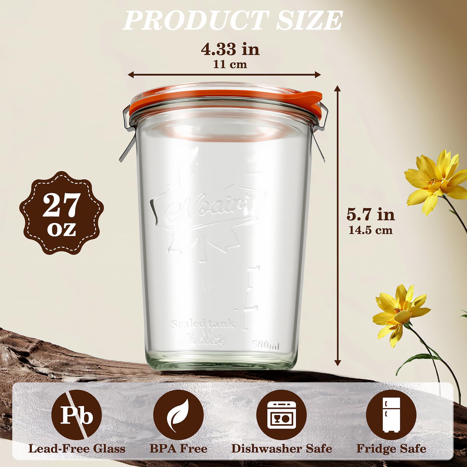 Freshmage Canning Jars 27 oz 2 Pack, Sourdough Starter Jars with 2 Lids Per Jar (Glass Sealing Lid & Plastic Lid), 800ML Wide Mouth Airtight Glass Storage Containers for Pickles, Yogurt, Pasta, Cereal