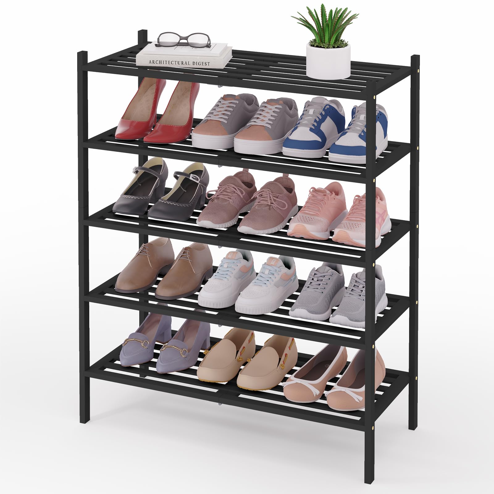 Smiry Bamboo Shoe Rack 3-Tier, Stackable Wooden Shoe Organizer for Entryway & Closet, Free Standing Wood Shoe Storage Shelf for Front Door & Small Spaces, Natural