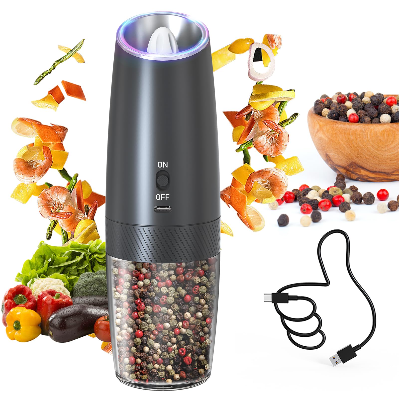 CIRCLE JOY Rechargeable Salt and Pepper Grinder Set Gravity Electric Salt and Pepper Grinder Set, LED Light, Adjustable Coarseness, for Home Kitchen BBQ, Black & White
