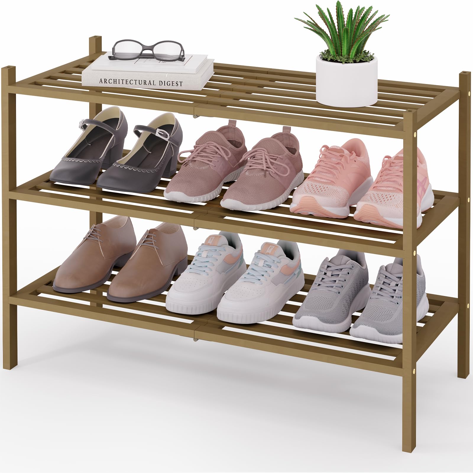 Smiry Bamboo Shoe Rack 3-Tier, Stackable Wooden Shoe Organizer for Entryway & Closet, Free Standing Wood Shoe Storage Shelf for Front Door & Small Spaces, Natural