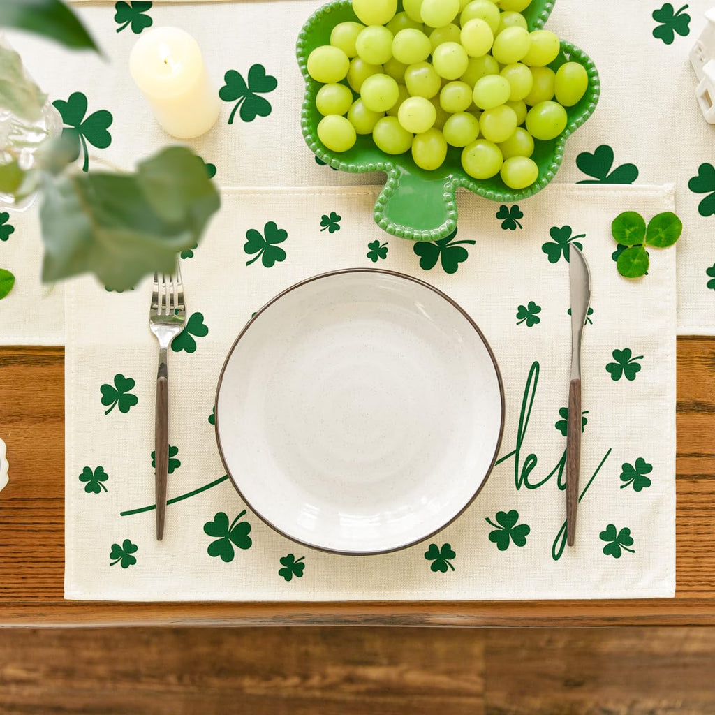 Artoid Mode Green Lucky Shamrock St. Patrick's Day Placemats Set of 4, 12x18 Inch Seasonal Spring Table Mats for Party Kitchen Dining Decoration