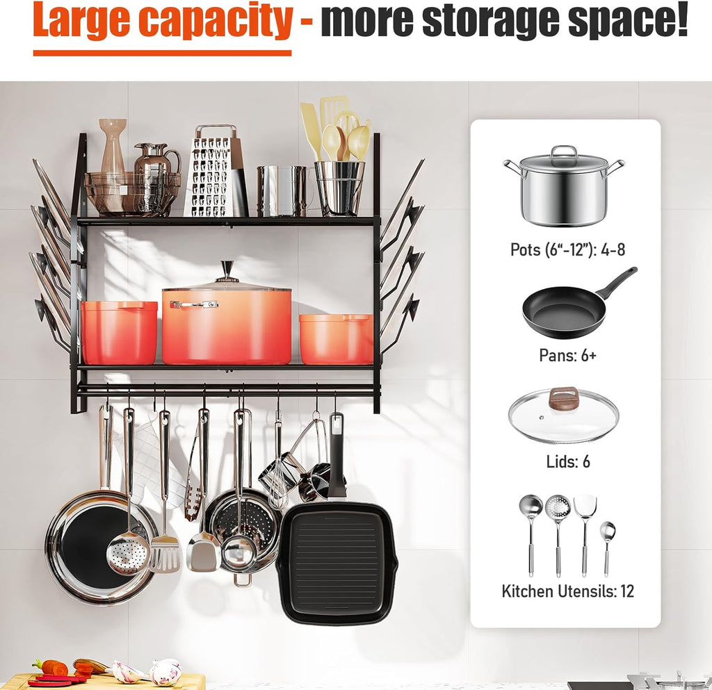 28-Inch Pot Rack Wall Mounted, 2-Tier Pots and Pans Hanger with 12 Hooks, Pot and Pan Hanging Rack for Wall, 6 Pot Lid Holders, Heavy-Duty Pot Hanger for Kitchen Cookware and Utensils, Black