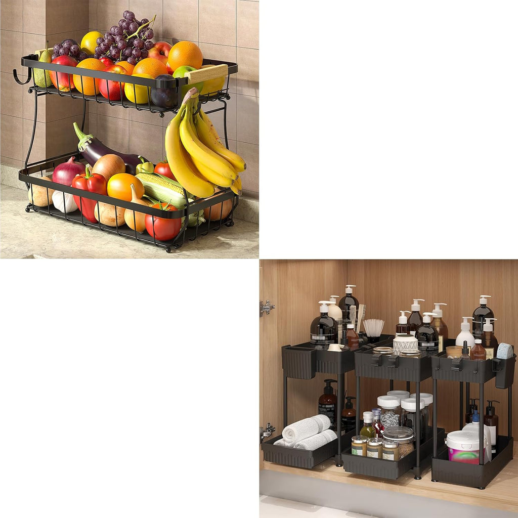 3 Pack Bathroom Organizers and Storage and 2 Tier Fruit Basket for Kitchen with 2 Banana Hangers