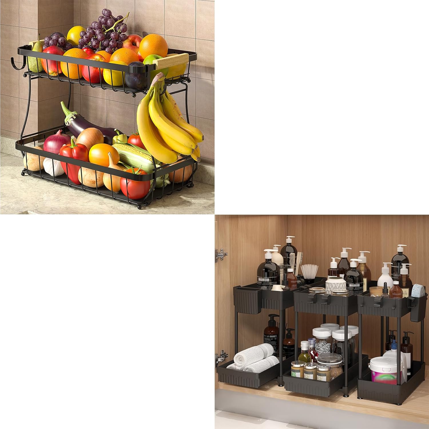 3 Pack Bathroom Organizers and Storage and 2 Tier Fruit Basket for Kitchen with 2 Banana Hangers