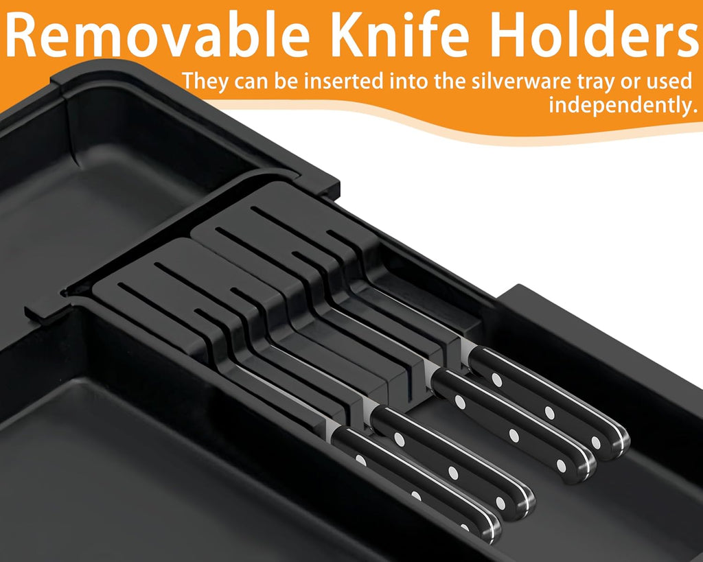 Homecor Silverware Organizer - Expandable Large Kitchen Drawer Organizer Utensil Organizer with 2 Removable Knife Blocks & 2 PACK Acrylic Straw Holder for Cabinet Door