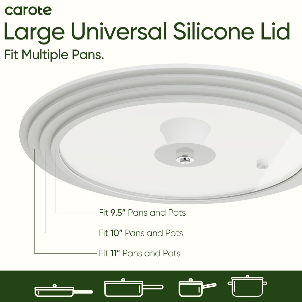 CAROTE 2 PCS Universal Silicone Lid for Pots, Pans and Skillets, Pot Lid fit 6", 7" 8" & 9.5", 10", 11" Diameter Cookware, Pan Cover With Heat Resistant Silicone Rim and Tempered Glass, White