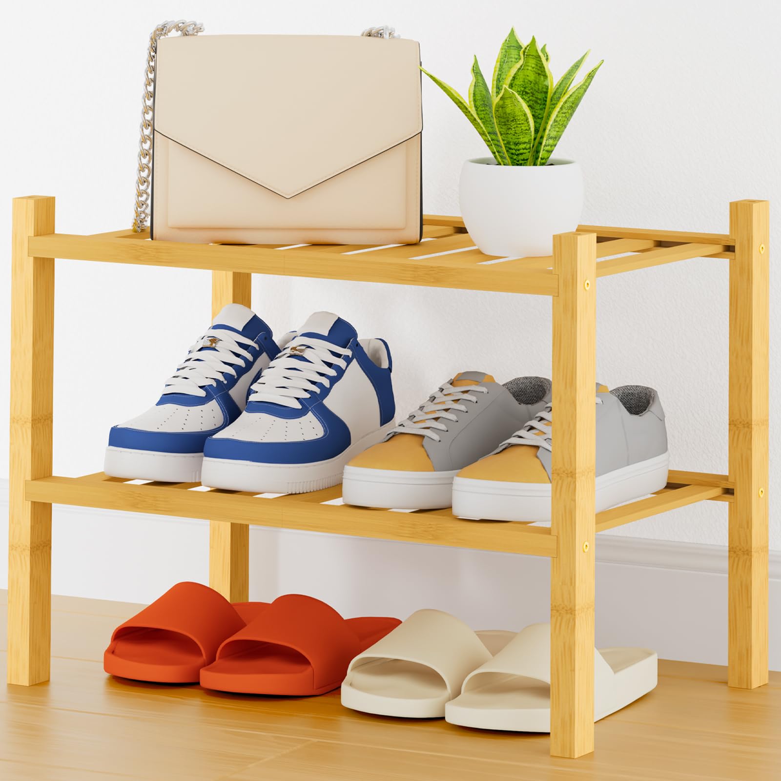 Smiry Shoe Rack, 3 Tier Bamboo Shoe Organizer, Stackable Free Standing Wooden Shoe Storage Shelf for Closet, Entryway, Front Door Entrance, Natural