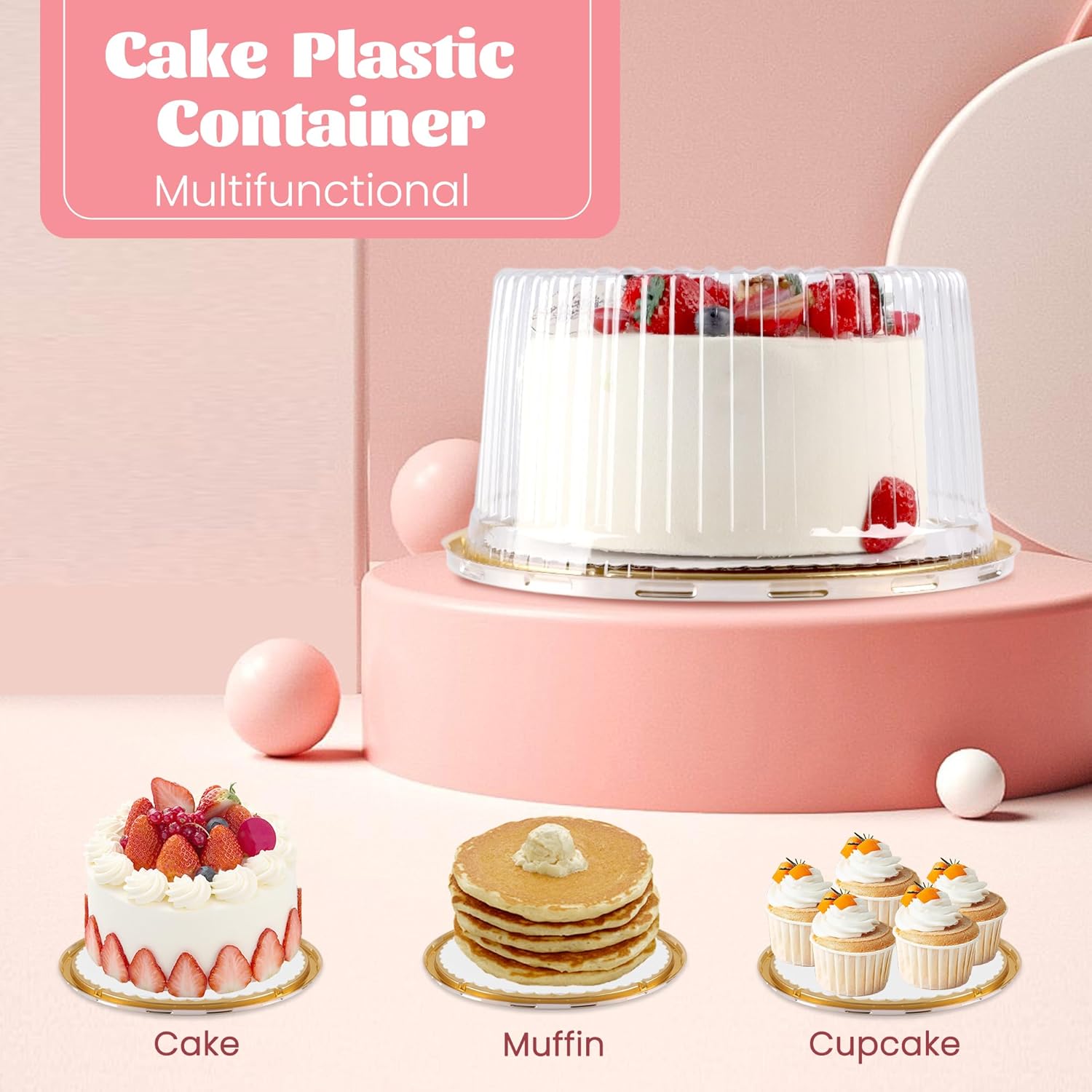 10 Inch Plastic Cake Carriers Gold Cake Containers with Lid and White Cake Boards, Clear Cupcake Holder for 1-2 Layer Cheesecake, Bundt Cake Pie Bakery Supplies(5 Pack)