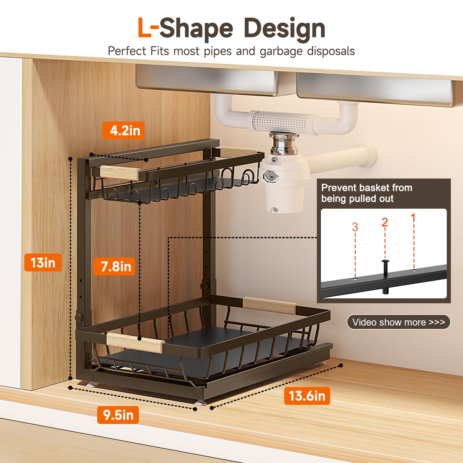 2 Packs Under Sink Organizer, Height Adjustable 2 Tier Under Kitchen sink organizer, Multi-Purpose Storage Shelf for Kitchen Bathroom Cabinet (Brown, Large)