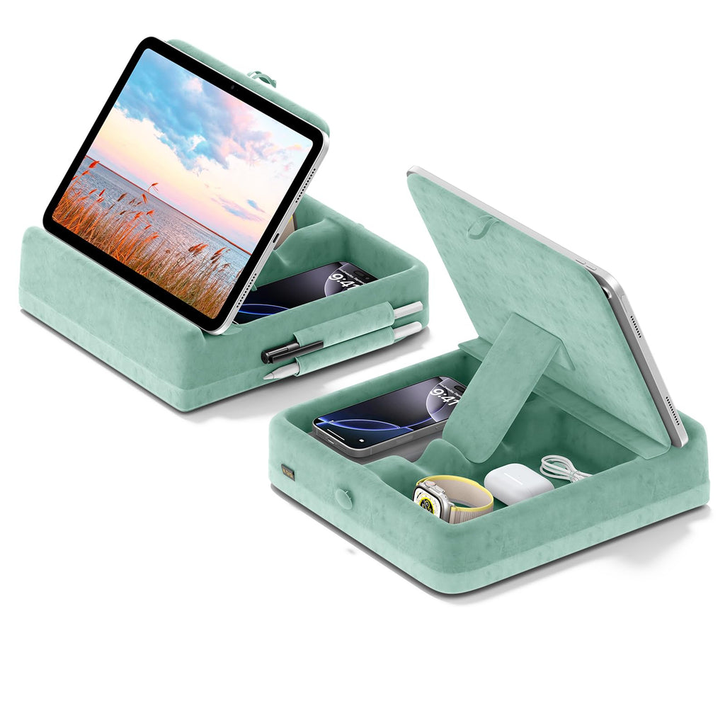 KDD Tablet Pillow Stand with Storage, Foldable iPad Holder for Bed, Lap and Desk, Angle Adjustable Soft Pad Dock with Stylus Mount Compatible with Ipad Pro 12.9, 10.5, 11, Air, Mini, Phones, Books