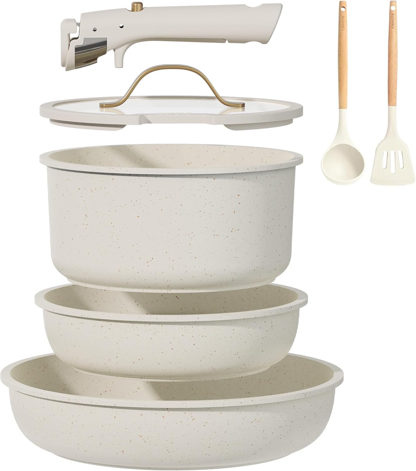 CAROTE 7pcs Pots and Pans Set Non Stick, Cookware Set with Detachable Handle, Kitchen Cookware Sets with Removable Handle, RV Cookware Set, Oven Safe, Cream White