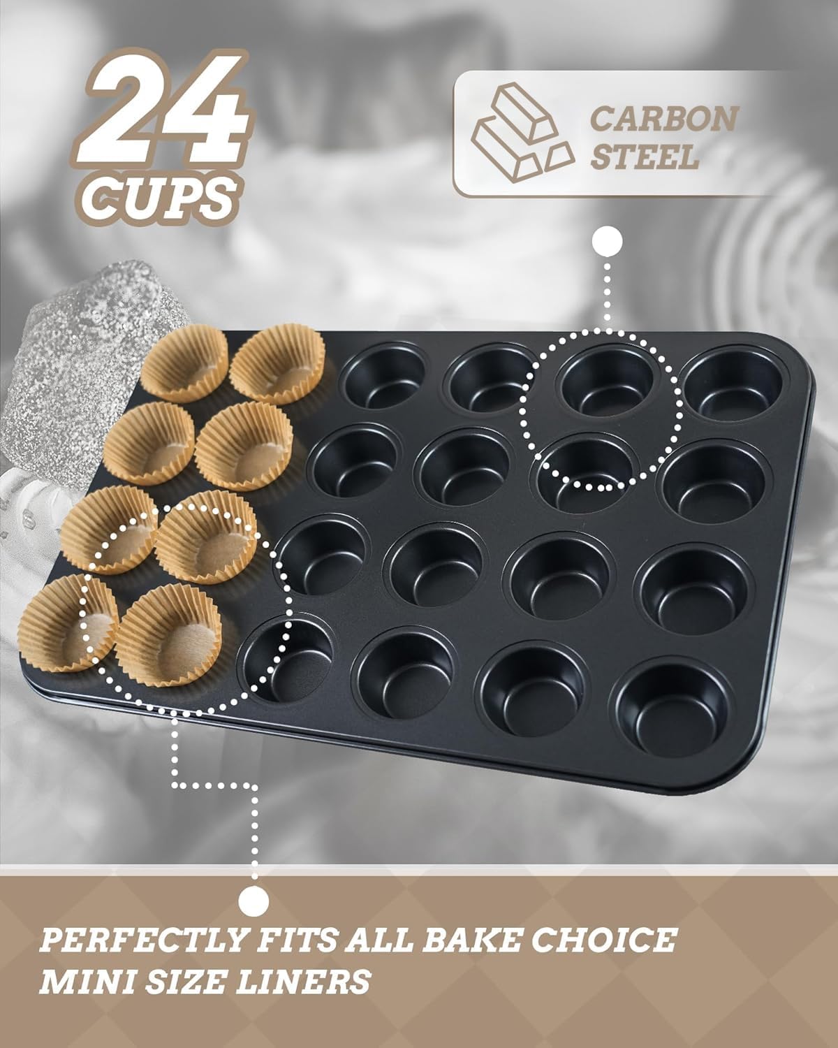 Mini Muffin Pan includes 200 Natural Cupcake Liners, Mini Cupcake Pans Nonstick 24 Cup, Muffin Tin, Carbon Steel Baking Supplies