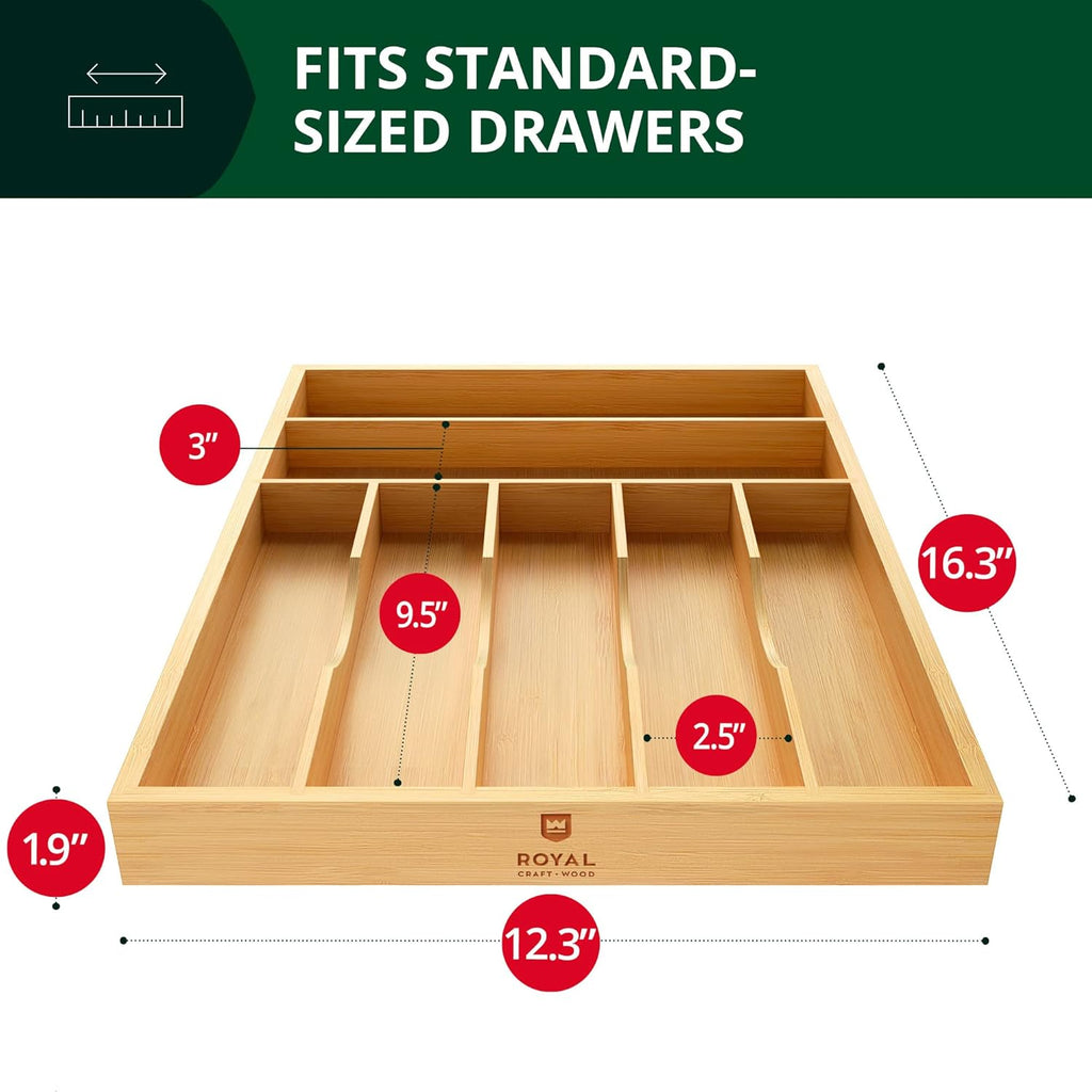 ROYAL CRAFT WOOD Adjustable Bamboo Drawer Dividers Organizers (17-22") - Bamboo Kitchen Drawer Organizer 7 Slot