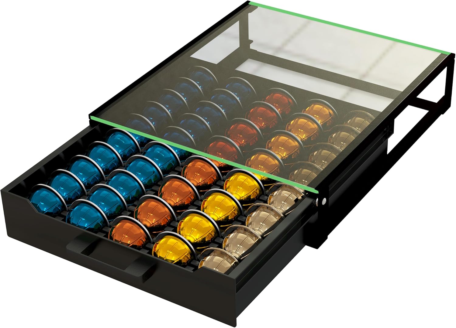Heavy Duty Crystal Acrylic Sleek Coffee Pods Holder with Beautiful Solid Pod Drawer, Compatible for All Nespresso VertuoLine Pods, Great Capacity Holds up to 60 Small or 40 Big Vertuoline Pods