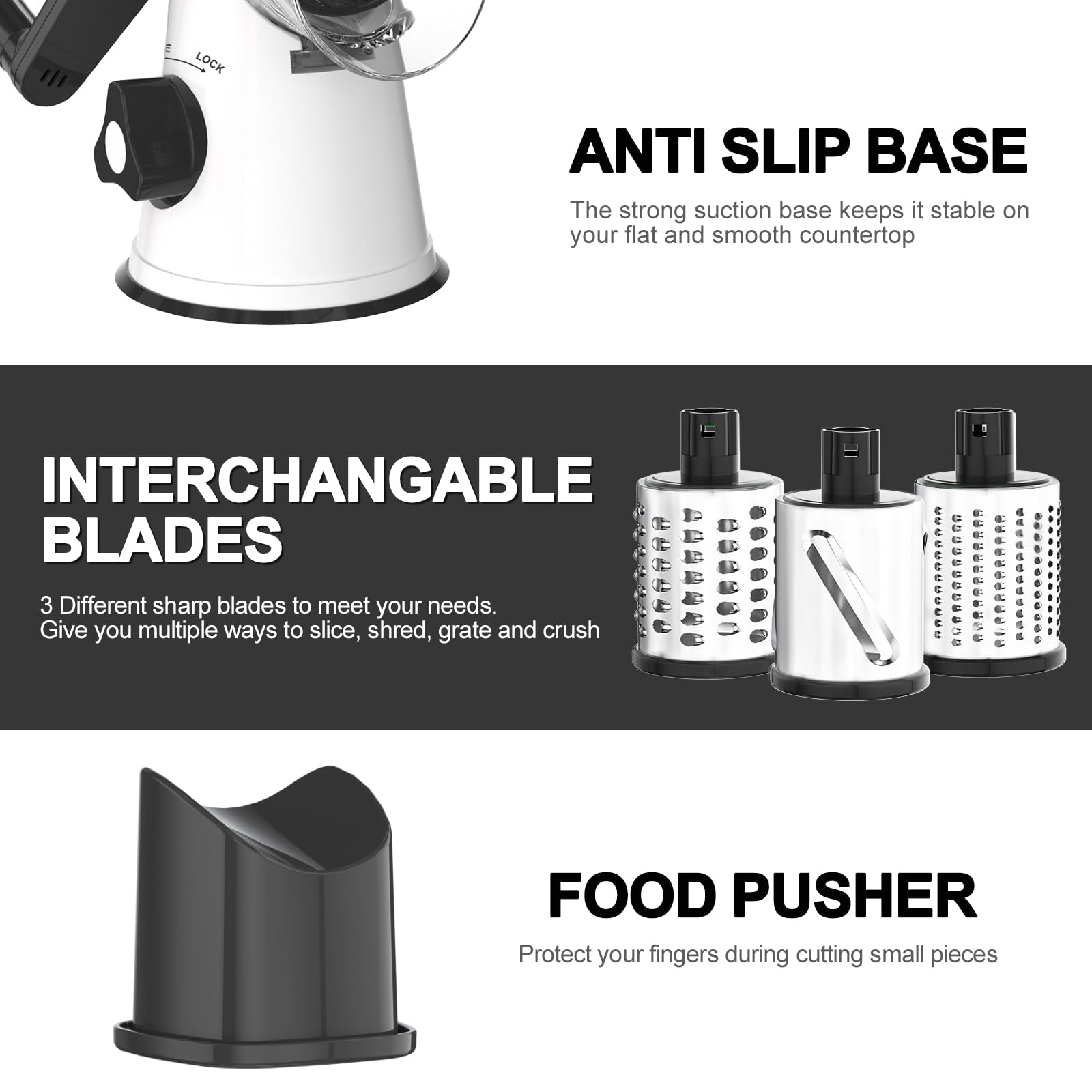 Cambom 5 in 1 Rotary Cheese Grater Hand Crank Cheese Shredder for Fresh Cheese, Vegetable, Nuts,Non-slip Suction Base, Black