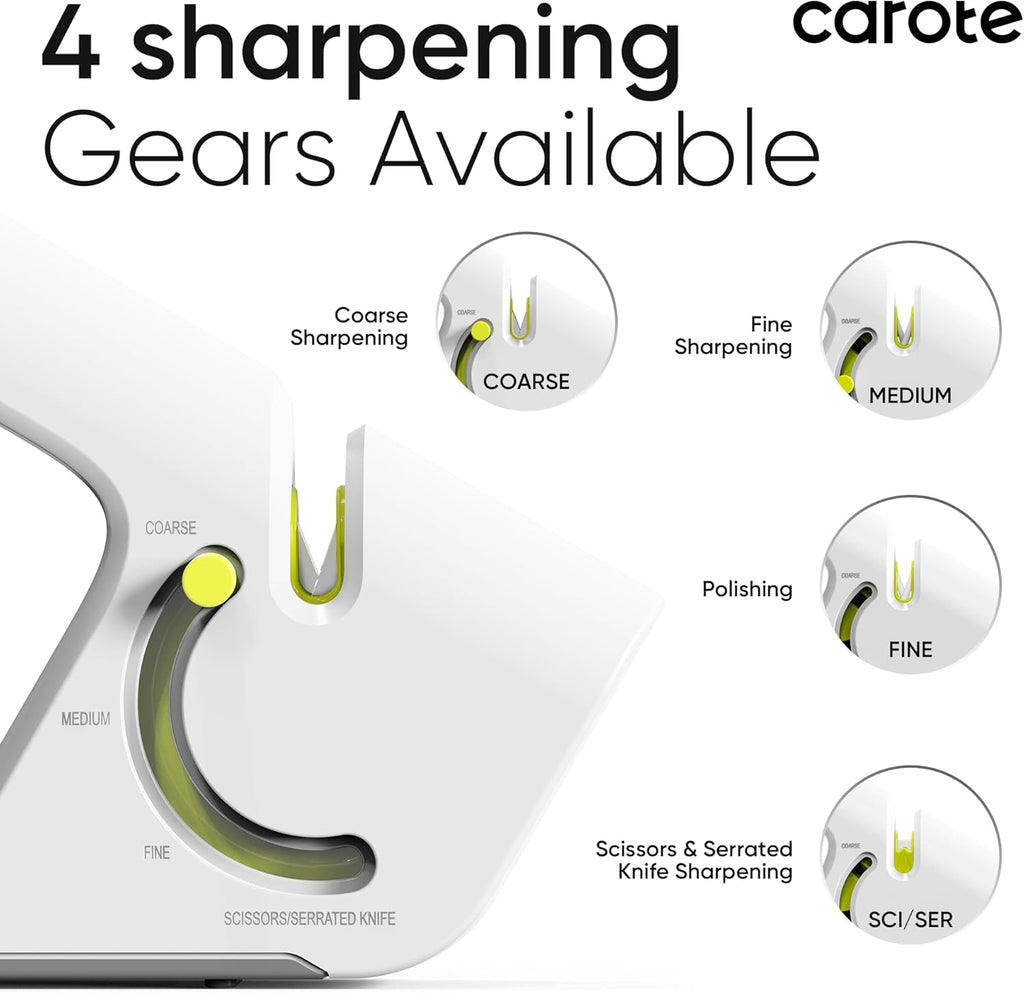CAROTE 4-in-1 Knife Sharpener for Kitchen Knives Pocket Knife Sharpener Helps Repair, Restore,Polishe Blades, Safe & Easy to Use with Non-Slip Base and Grip Light Grey