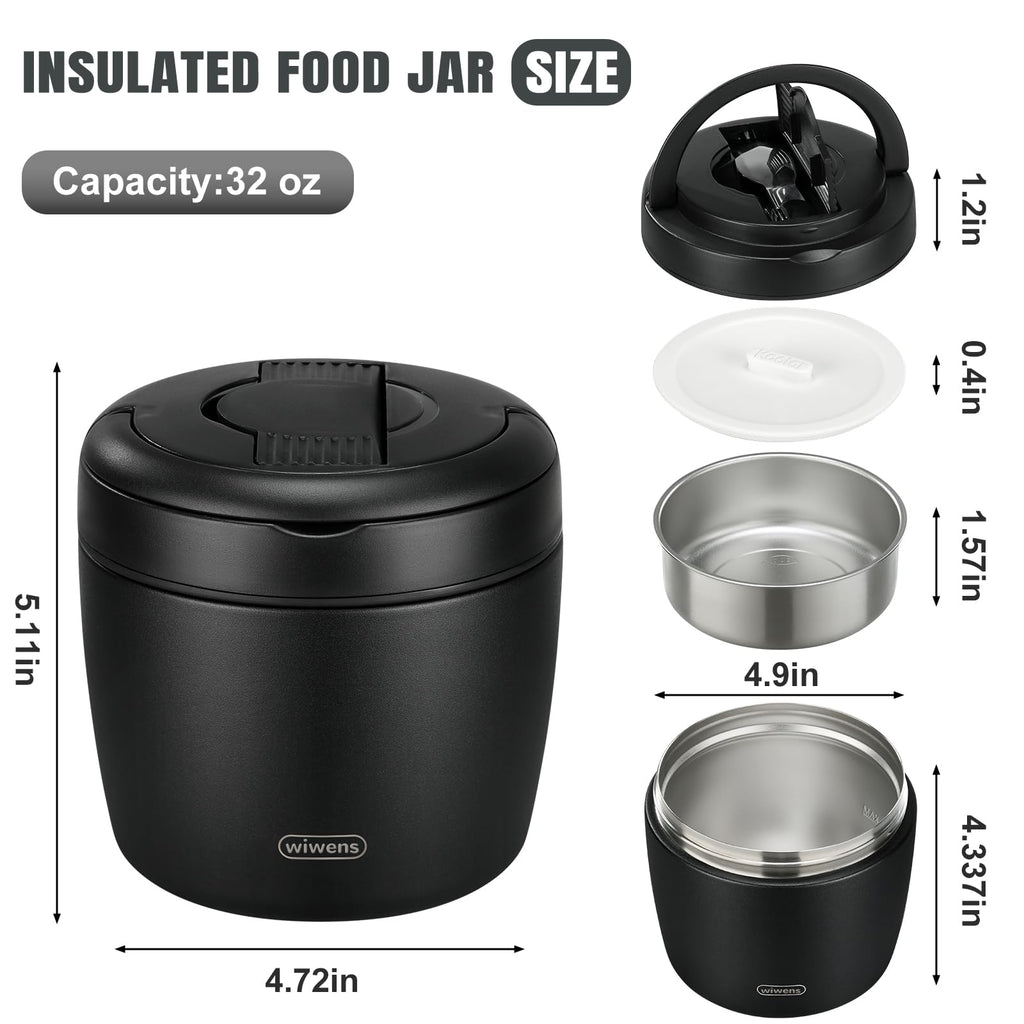Thermo Food Jar for Hot Food Adults 32OZ Soup Thermo Lunch Containers Wide Mouth Vacuum Insulated Stainless Steel Leakproof Bento Box with Spoon (Black)