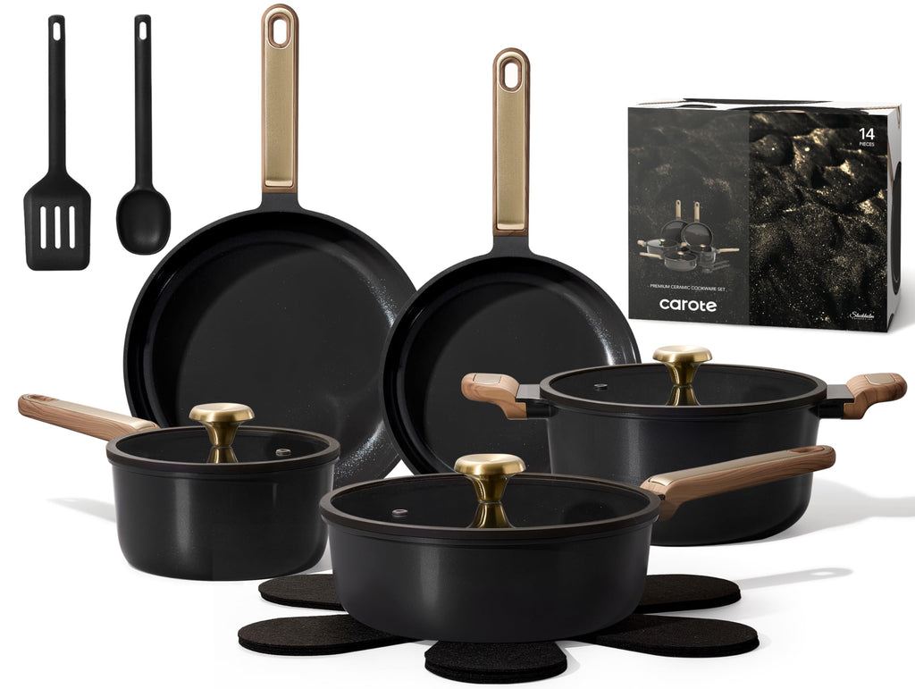 CAROTE Ceramic Cookware Set Nonstick, 14pcs Pots and Pans Set Nonstick, Non-Toxic & PFAS-Free, Dishwasher, RV/Camping Cookware Set, Cooking Pots with Lids, Charcoal Black