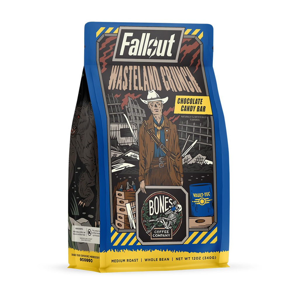 Bones Coffee Company Fallout Rocky Route 66, Rocky Road Flavored Coffee, Medium Roast Low Acid Arabica Beans Compatible with Auto drip and French Press Coffee Maker, 12 Oz Ground