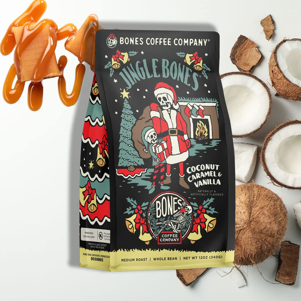 Bones Coffee Company Cinnamon Roll Flavored Coffee, Medium Roast Low Acid Arabica Beans Compatible with Auto drip and French Press Coffee Maker, 12 Oz Whole Bean