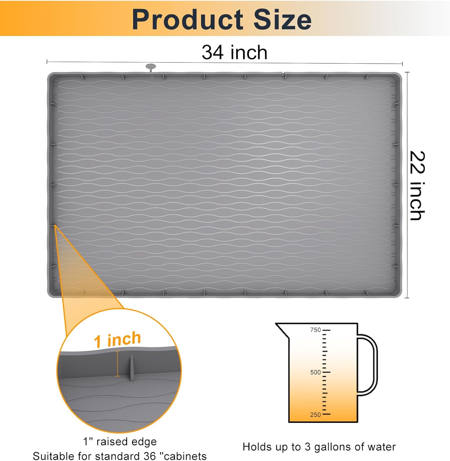 Under Sink Mat for Kitchen Waterproof, 34"×22“ Silicone Bathroom Sink Mat, Under Sink Liner Drip Tray and Protectors for Bottom of kitchen Sink, Fits 36" Stand Cabinets (Grey)