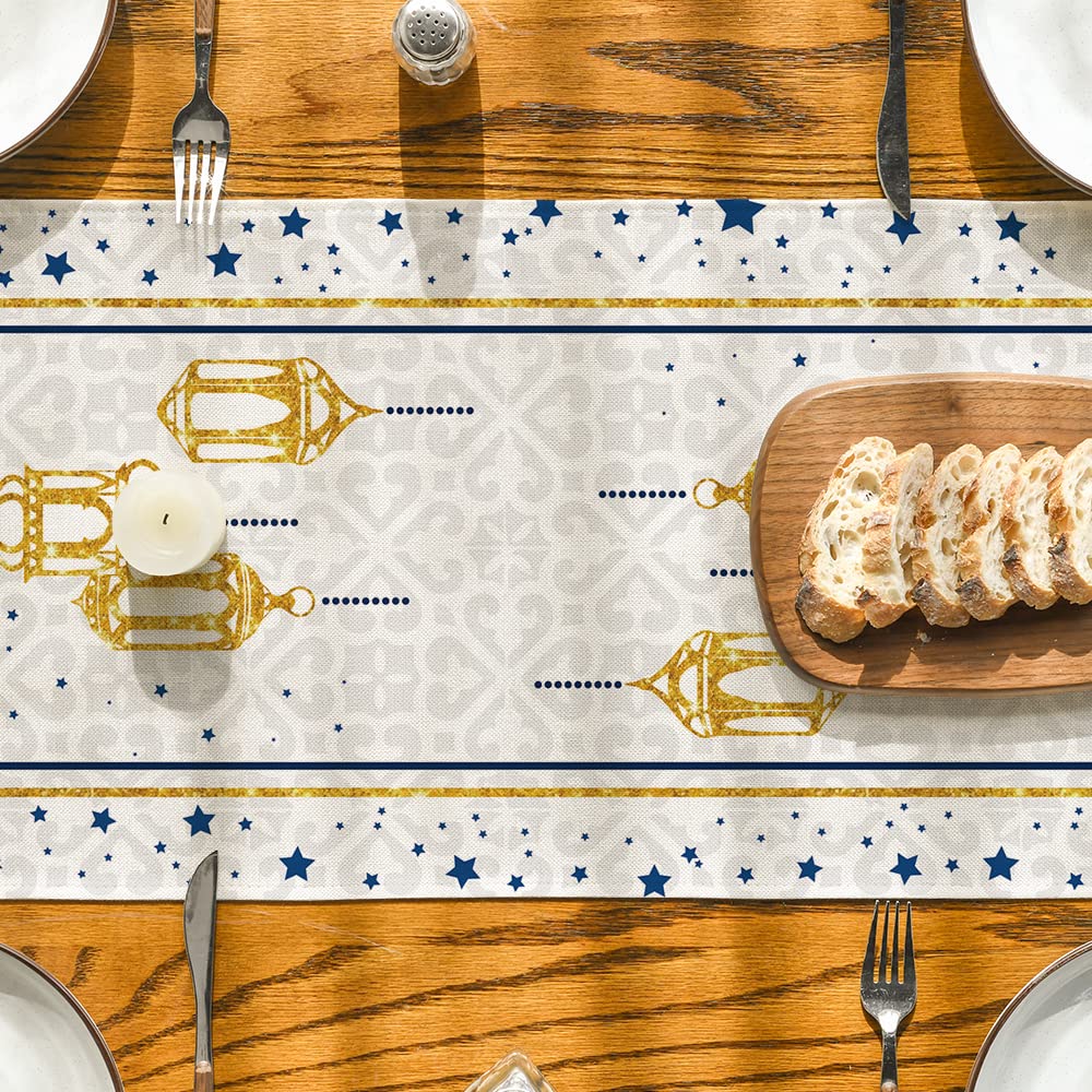 Artoid Mode Black Moon Star Gloden Ramadan Table Runner, Seasonal Summer Holiday Kitchen Dining Table Decoration for Home Party Decor 13 x 72 Inch