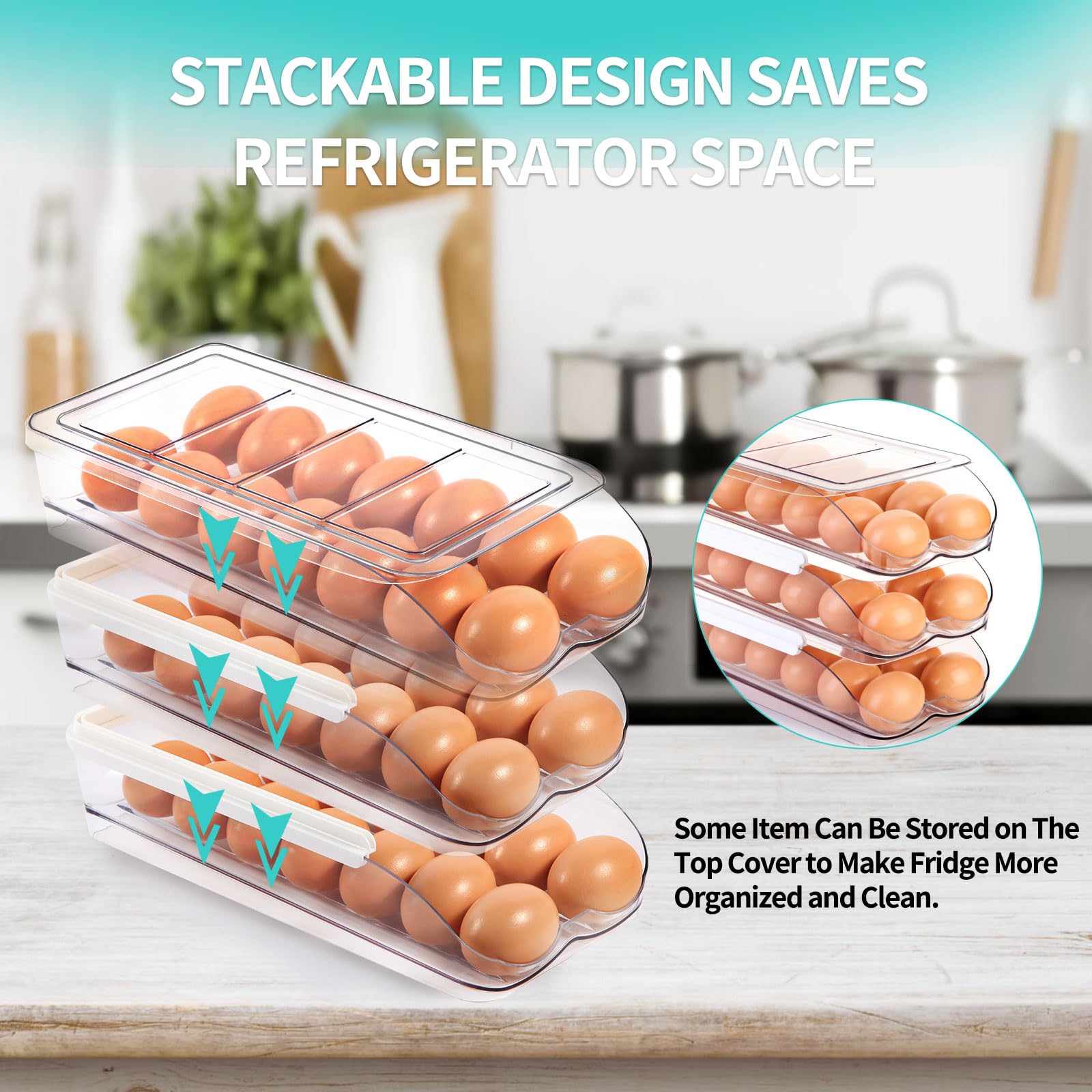 Egg Holder for Fridge, Automatic Rolling Egg Container for Refrigerator, Stackable Fridge Organizers and Storage with Lid, Clear Plastic Egg Dispenser & Tray (2 Tier)