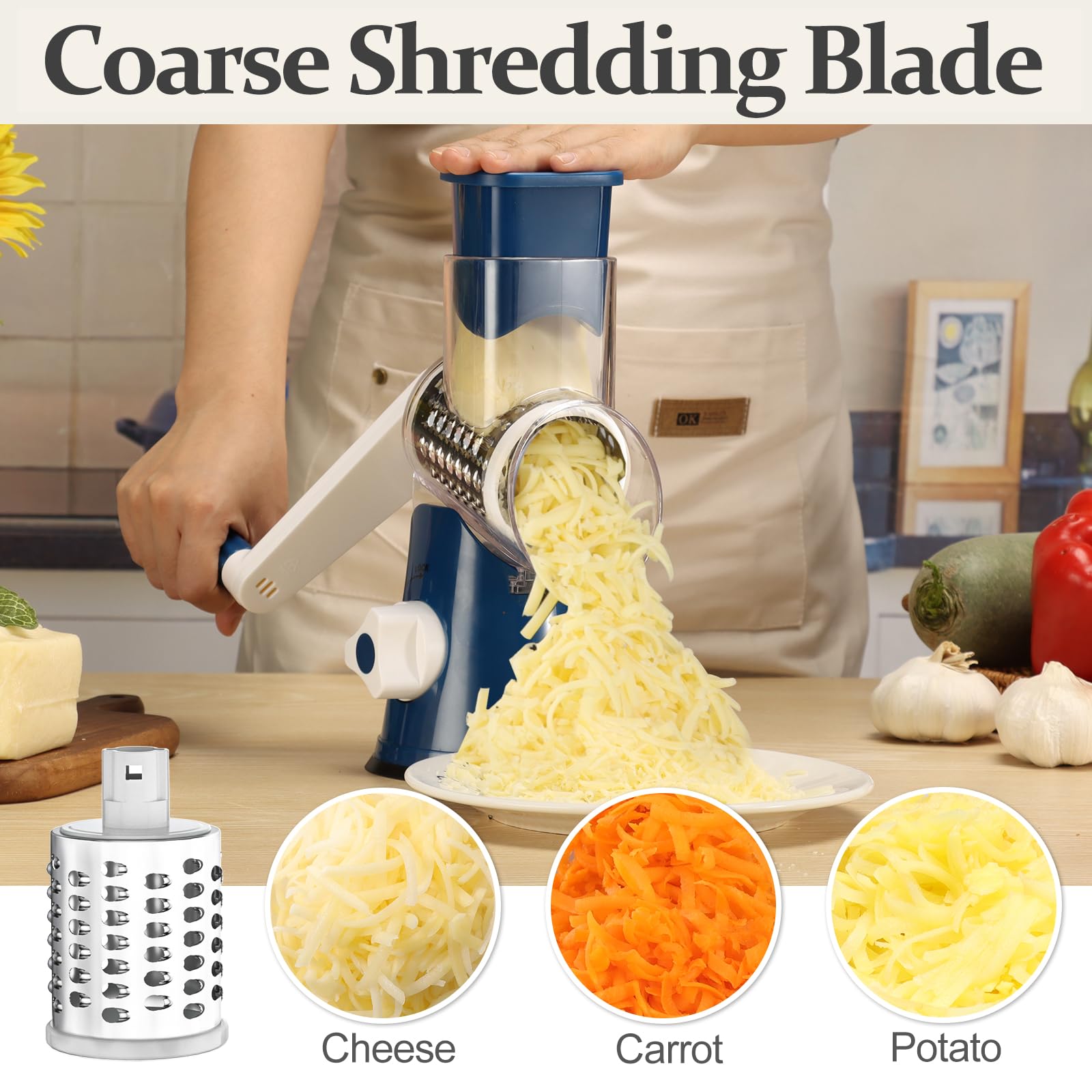 Cambom 5 in 1 Rotary Cheese Grater Hand Crank Cheese Shredder for Fresh Cheese, Vegetable, Nuts,Non-slip Suction Base, Black