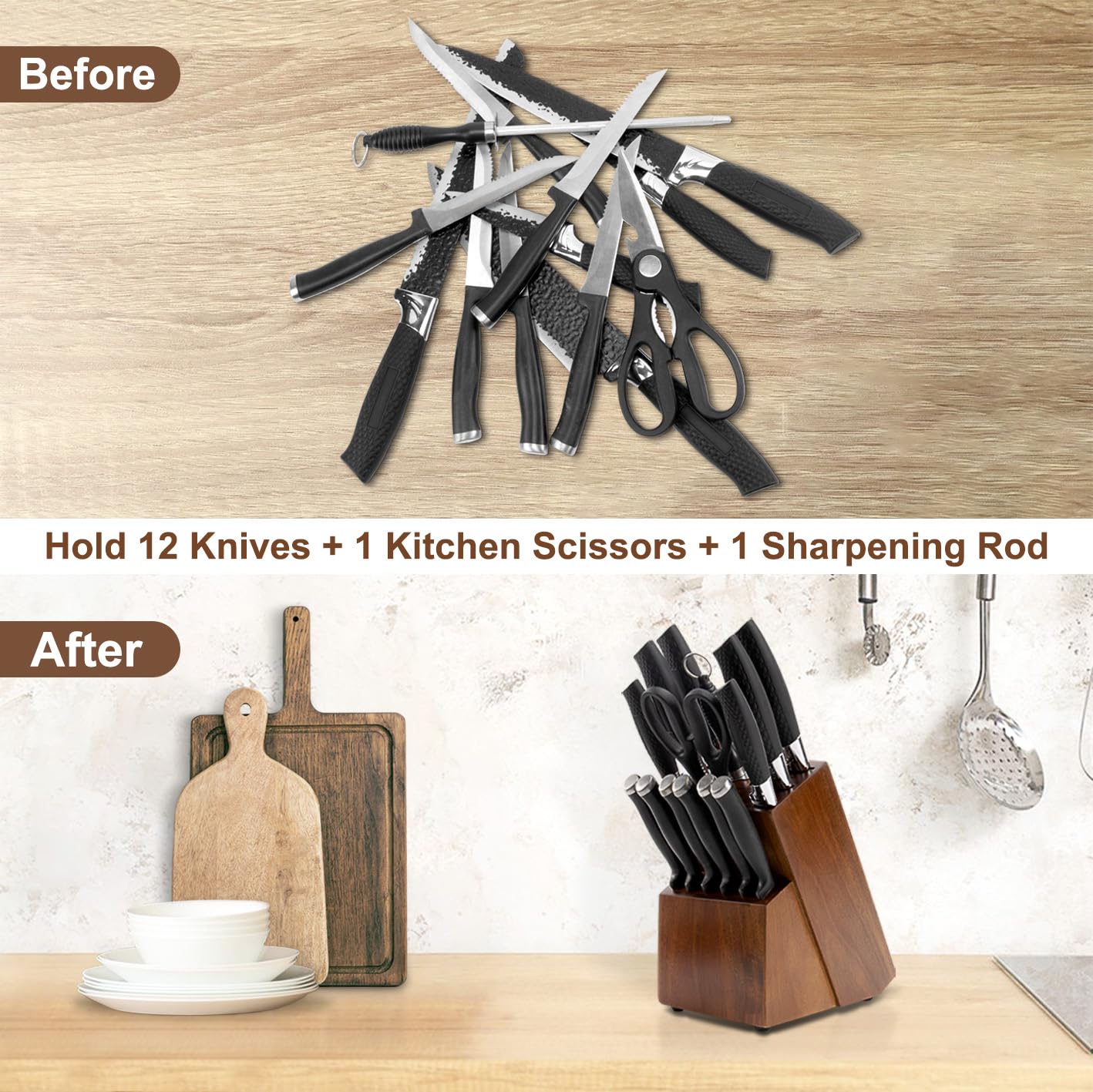RedCall Universal Knife Block Holder,Large Wood Bamboo Knife Block without Knives,14 Slot Universal Knife Holder Countertop,Butcher Block Knife Storage Organizer for Kitchen (Brown)