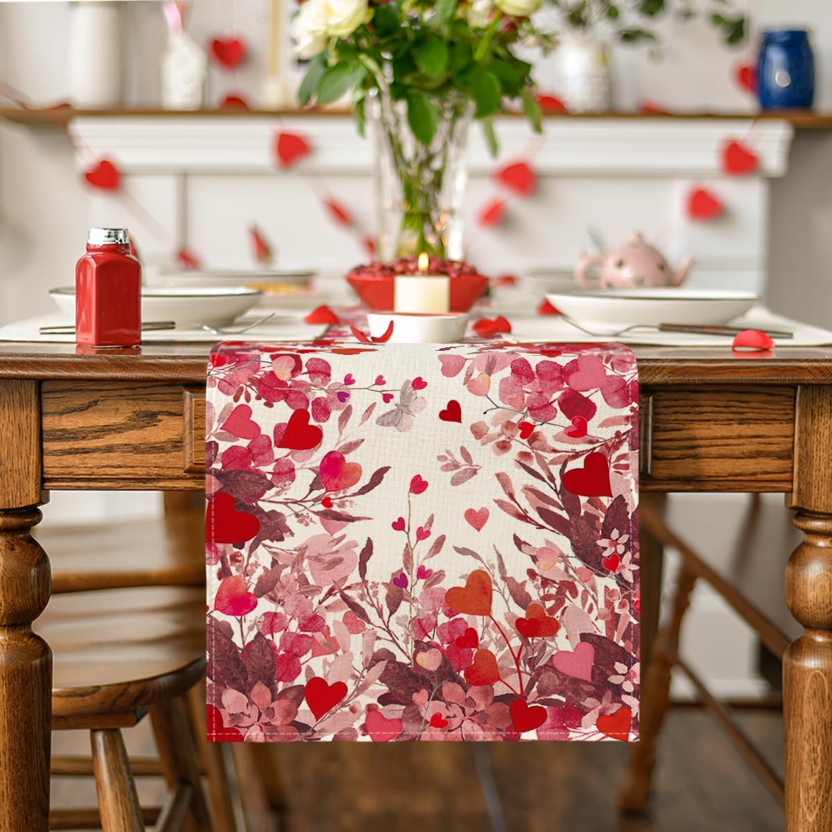 Artoid Mode Floral Red Love Heart Petals Table Runner, Wedding Kitchen Dining Table Decoration for Home Party Decor 13x72 Inch