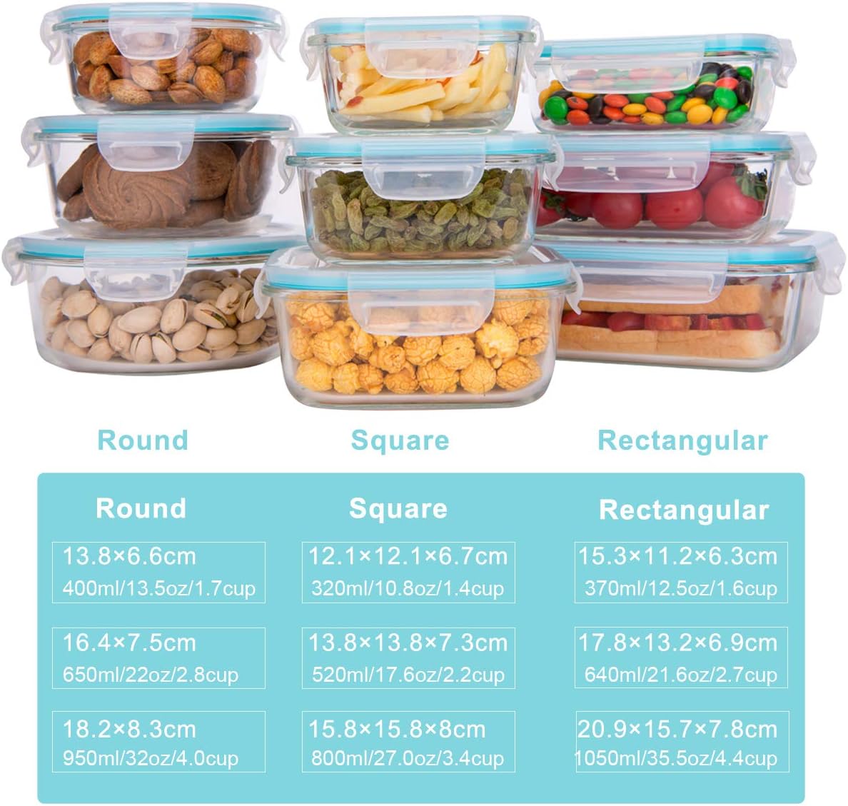 [18 Piece Glass Food Storage Containers with Lids & [3-Pack,36 OZ] Large Glass Food Storage Containers with Locking Lids