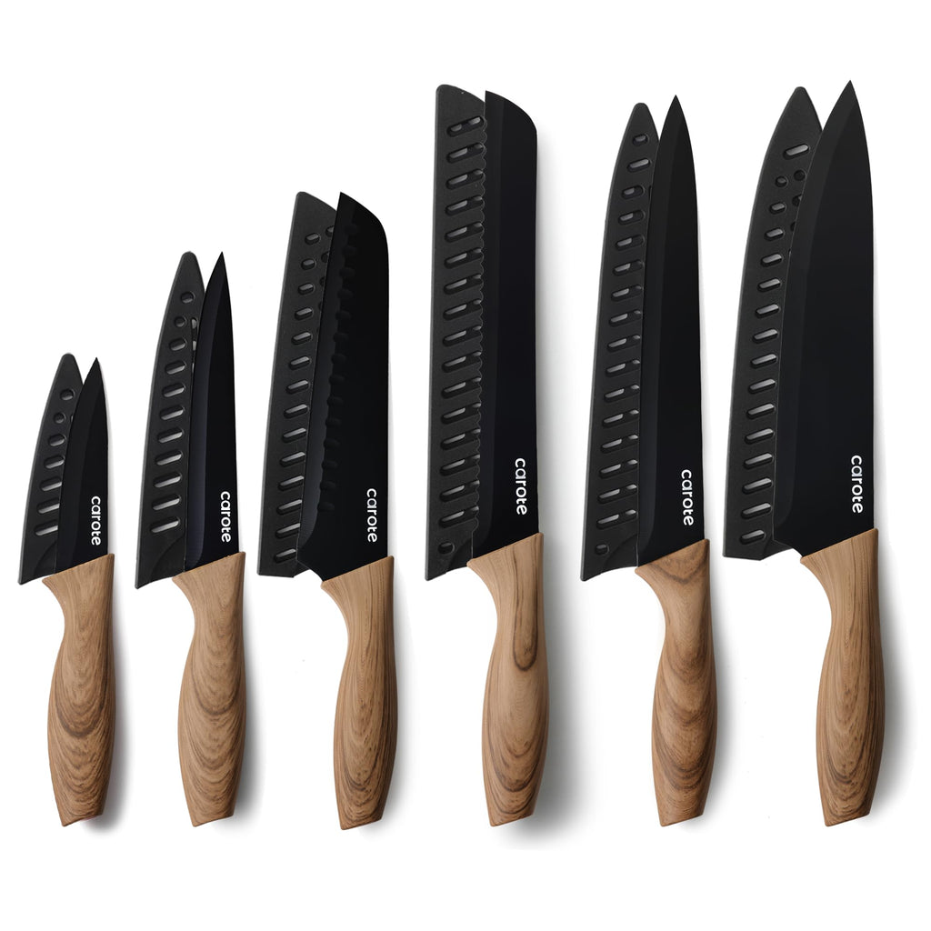 CAROTE 12PCS Knife Set, Stainless Steel Kitchen Knife Set with Nonstick Ceramic Coating, 6 Knives with Blade Guards, Rustproof, Easy-Clean, Black