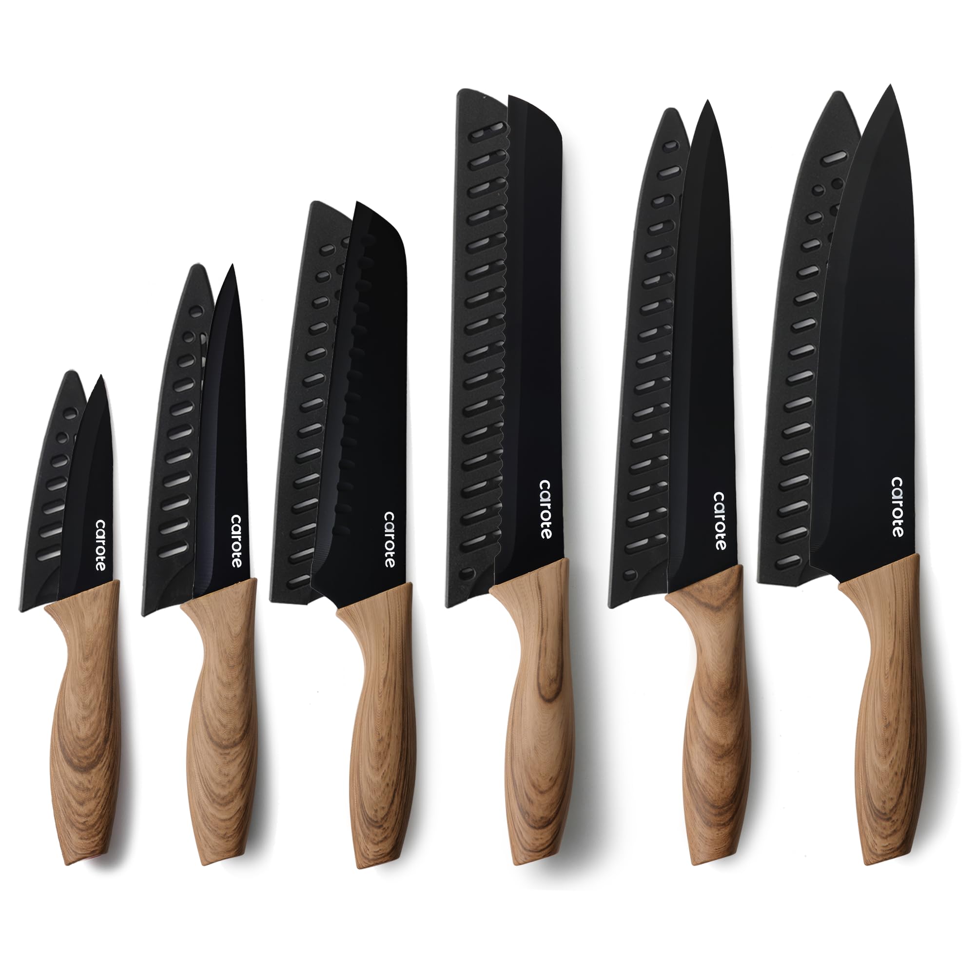 CAROTE 12PCS Knife Set, Stainless Steel Kitchen Knife Set with Nonstick Ceramic Coating, 6 Knives with Blade Guards, Rustproof, Easy-Clean, Black