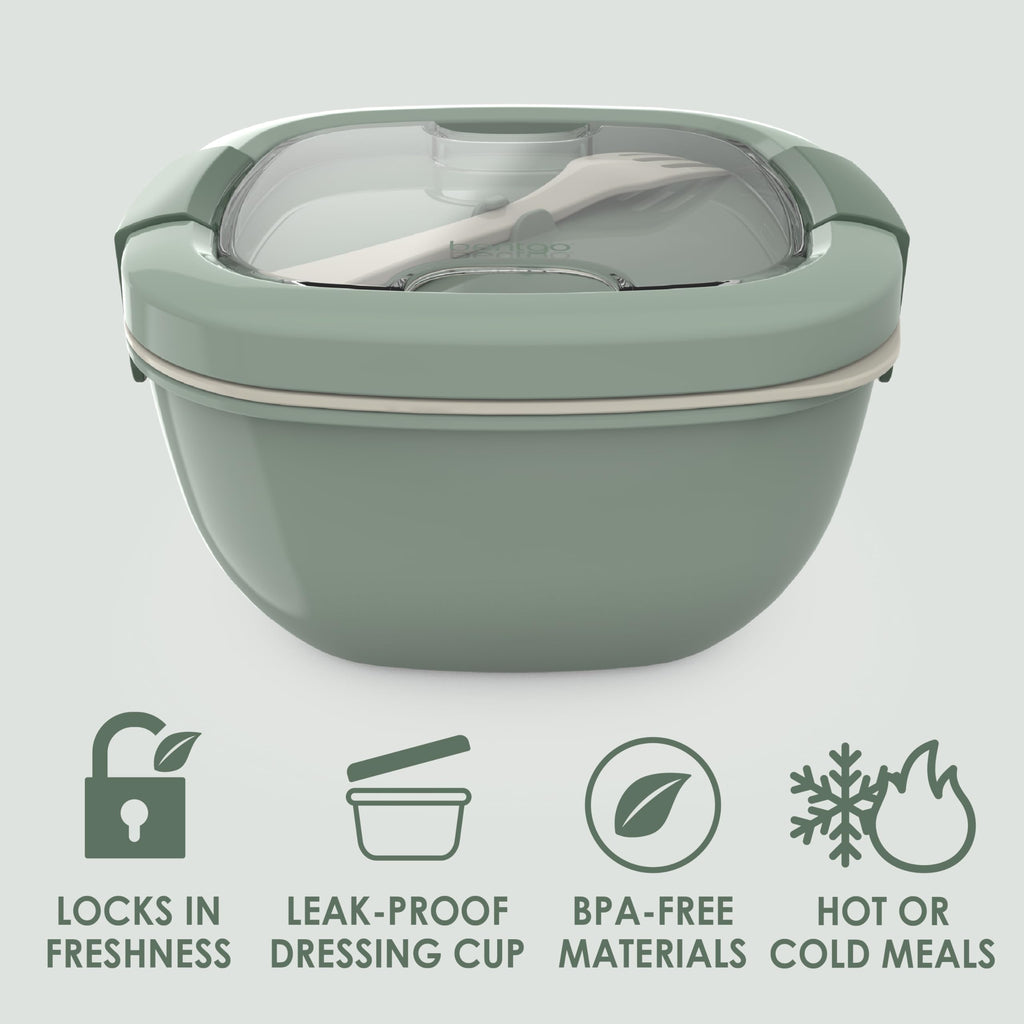 Bentgo Salad Container - 54 oz Bowl with 4-Compartment Toppings Tray, Leak-Proof Dressing Container, Reusable Fork, BPA-Free Lunch Box for Meal Prep & Food Storage; Removable Bento Tray (Khaki Green)