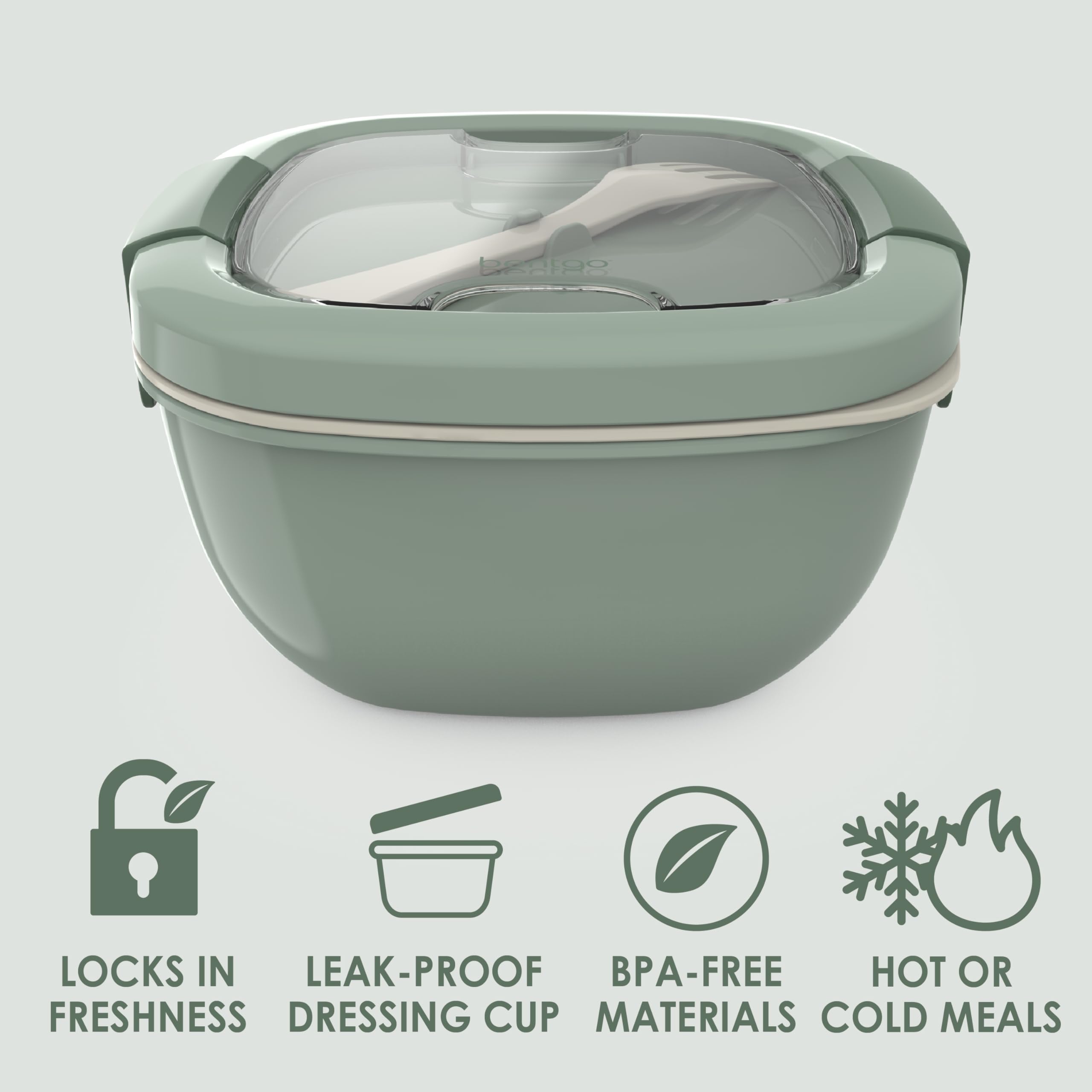 Bentgo Salad Container - 54 oz Bowl with 4-Compartment Toppings Tray, Leak-Proof Dressing Container, Reusable Fork, BPA-Free Lunch Box for Meal Prep & Food Storage; Removable Bento Tray (Khaki Green)